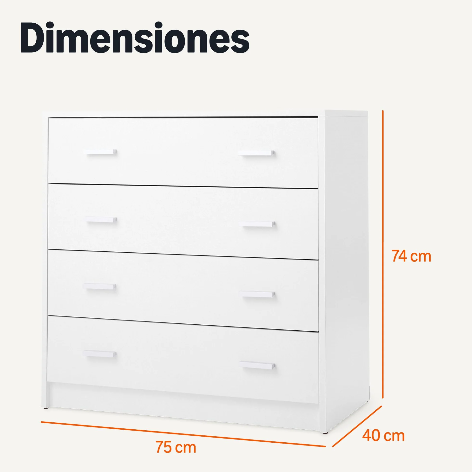 Amazon Basics Cajonera, Armario de Dormitorio con 4 Cajones, Armario, Tocador de Almacenamiento, Blanco, 40 x 75 x 74cm