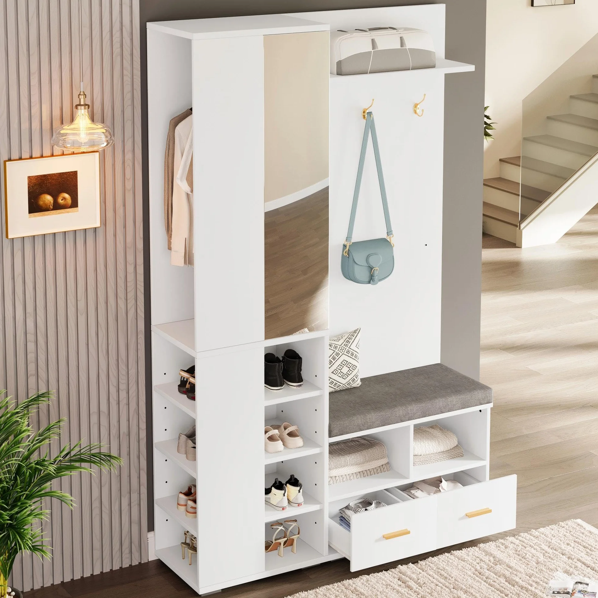 Juego de Perchero Pared con Espejo y 2 Cajones, Mueble Recibidor con Barra de Ropa y Estante Abierto, Conjunto de Perchero Entrada Recibidor, Banco y Dispositivo Antivuelco, 120x35x190 cm,Blanco
