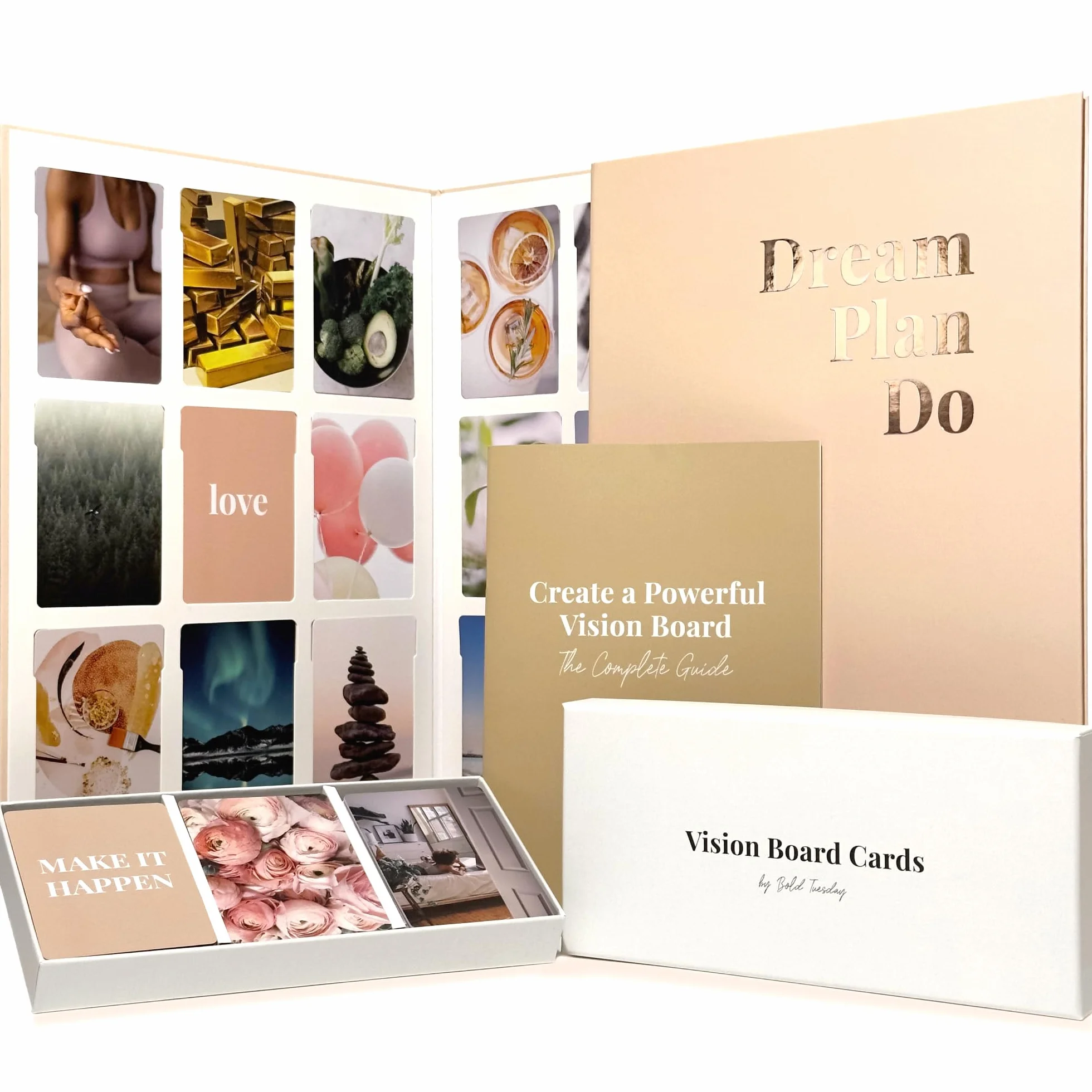 Kit de tablero de visión para mujer, 168 tarjetas con imágenes y citas de primera calidad, tablero plegable y libro guía, suministros completos de manualidades para adultos, kit original Dream Plan Do
