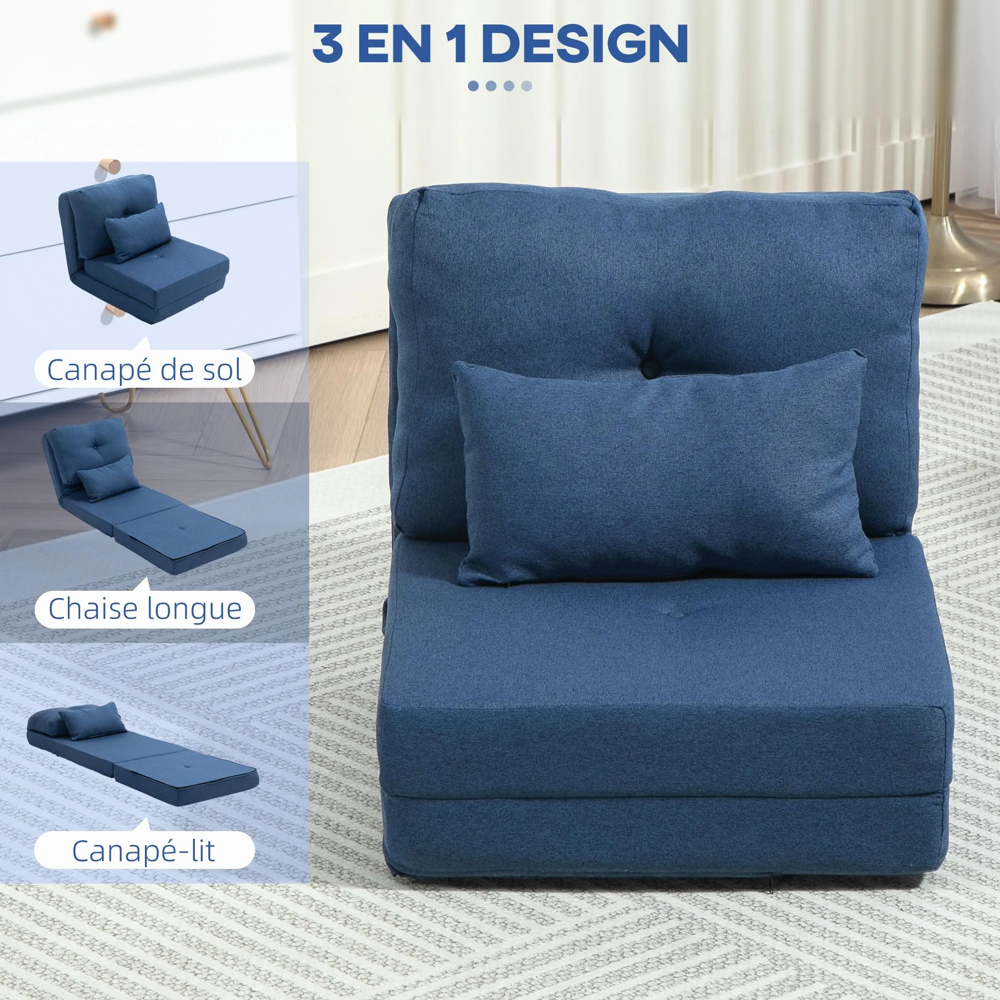 HOMCOM Sillón Convertible 1 Plaza Sillón Perezoso Cama Calentador 1 Plaza - Cojín Incluido, Respaldo Ajustable - Salón, Carga 120 kg, Tejido Lino Azul Oscuro