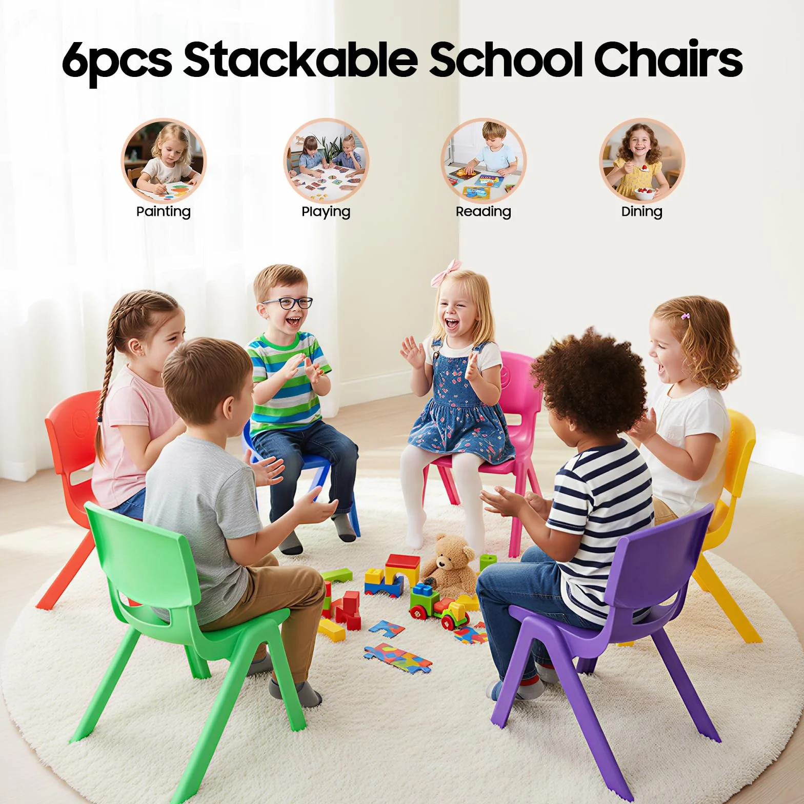 6 sillas escolares apilables de 36 x 32 x 52 cm, con diseño apilable y respaldo ergonómico, sillas de plástico resistentes para aulas, guarderías