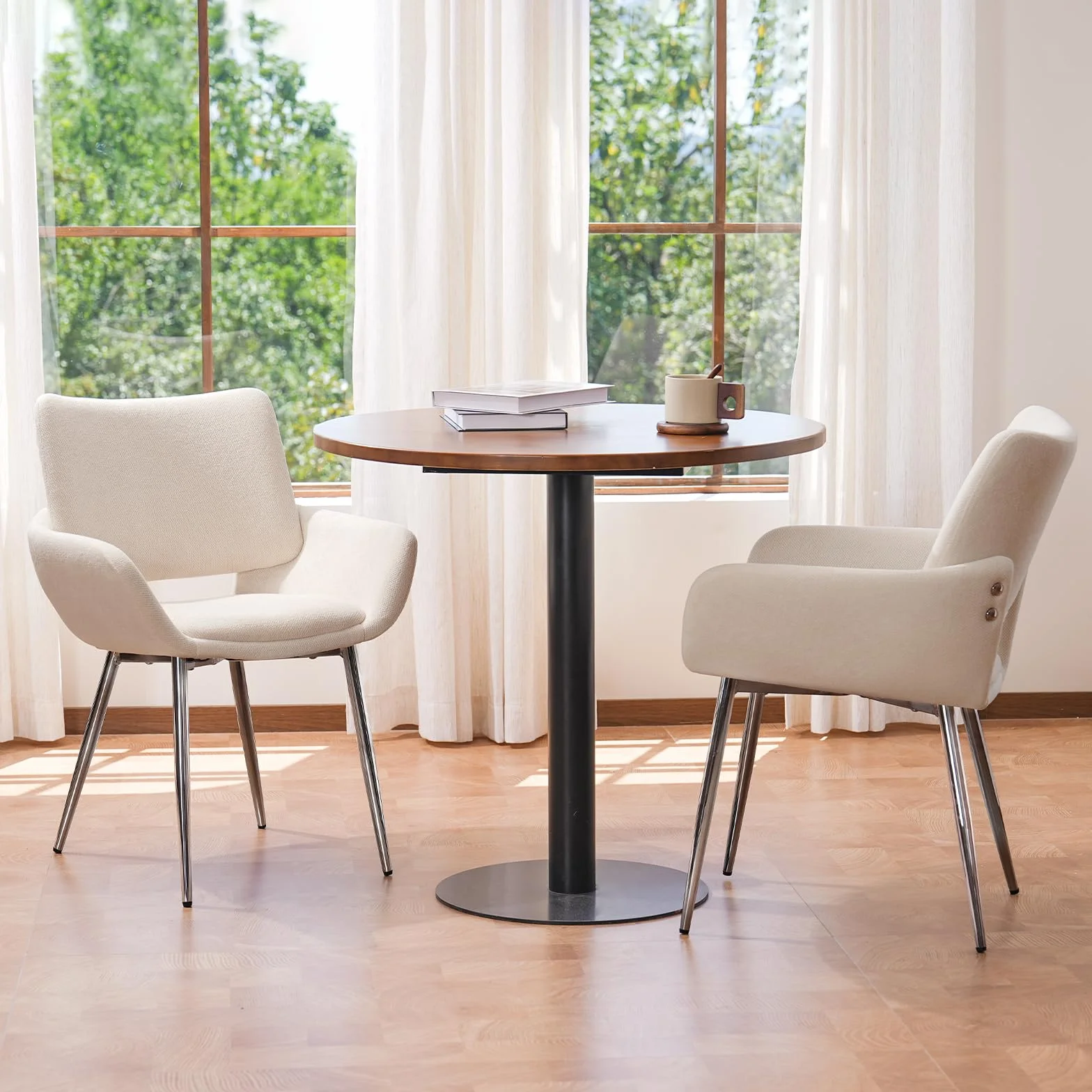 ELUCHANG 4 Sillas de Comedor, Chenilla​ Blanco Hueso, con Respaldo y Reposabrazos,Patas metálicas, para Comedor, Tocador, Cocina, Estables 150 kg