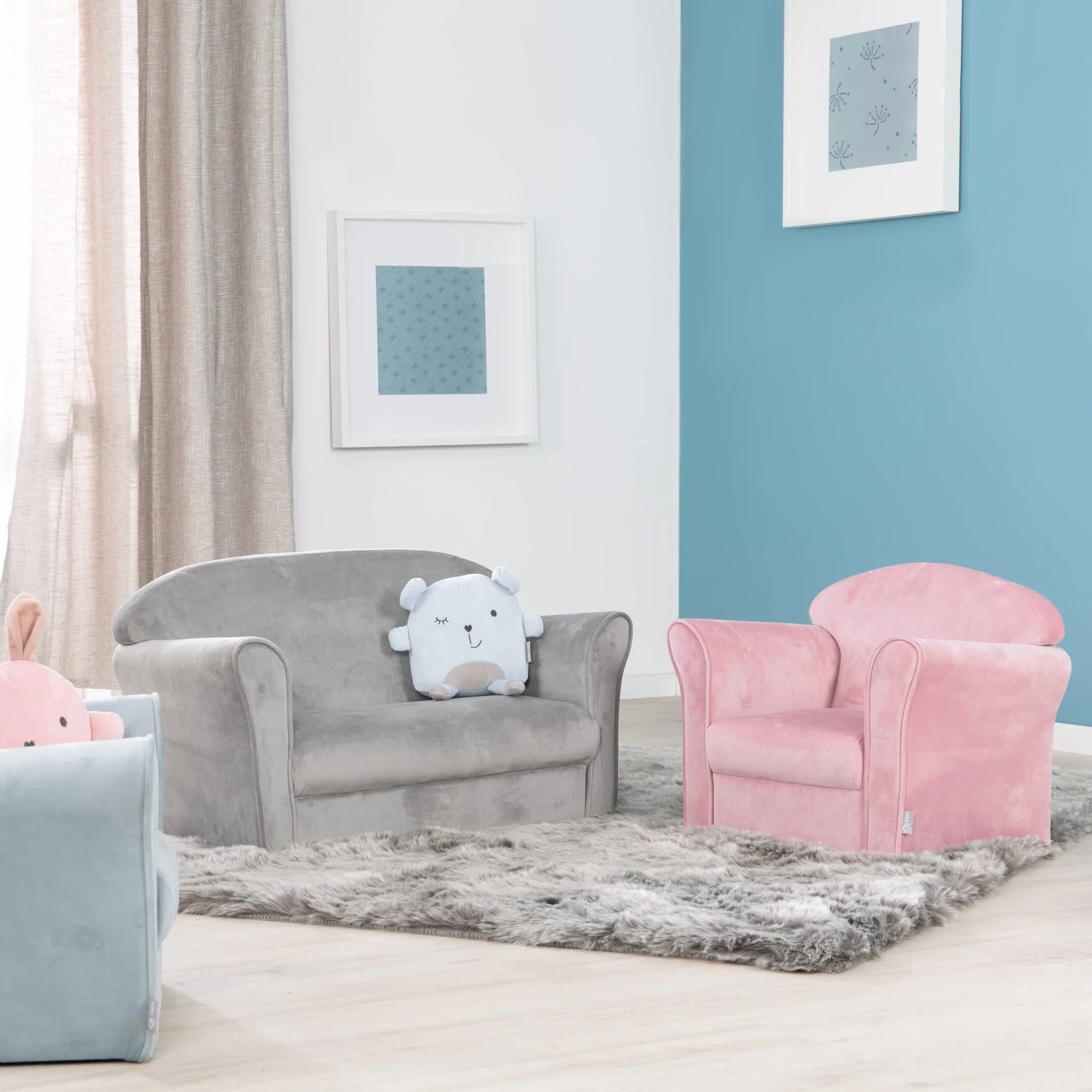 roba Sofá Infantil en Terciopelo Lil Sofa, 2 Plazas, Sillón con Apoyabrazos Cómodo para Niñas y Niños, Gris