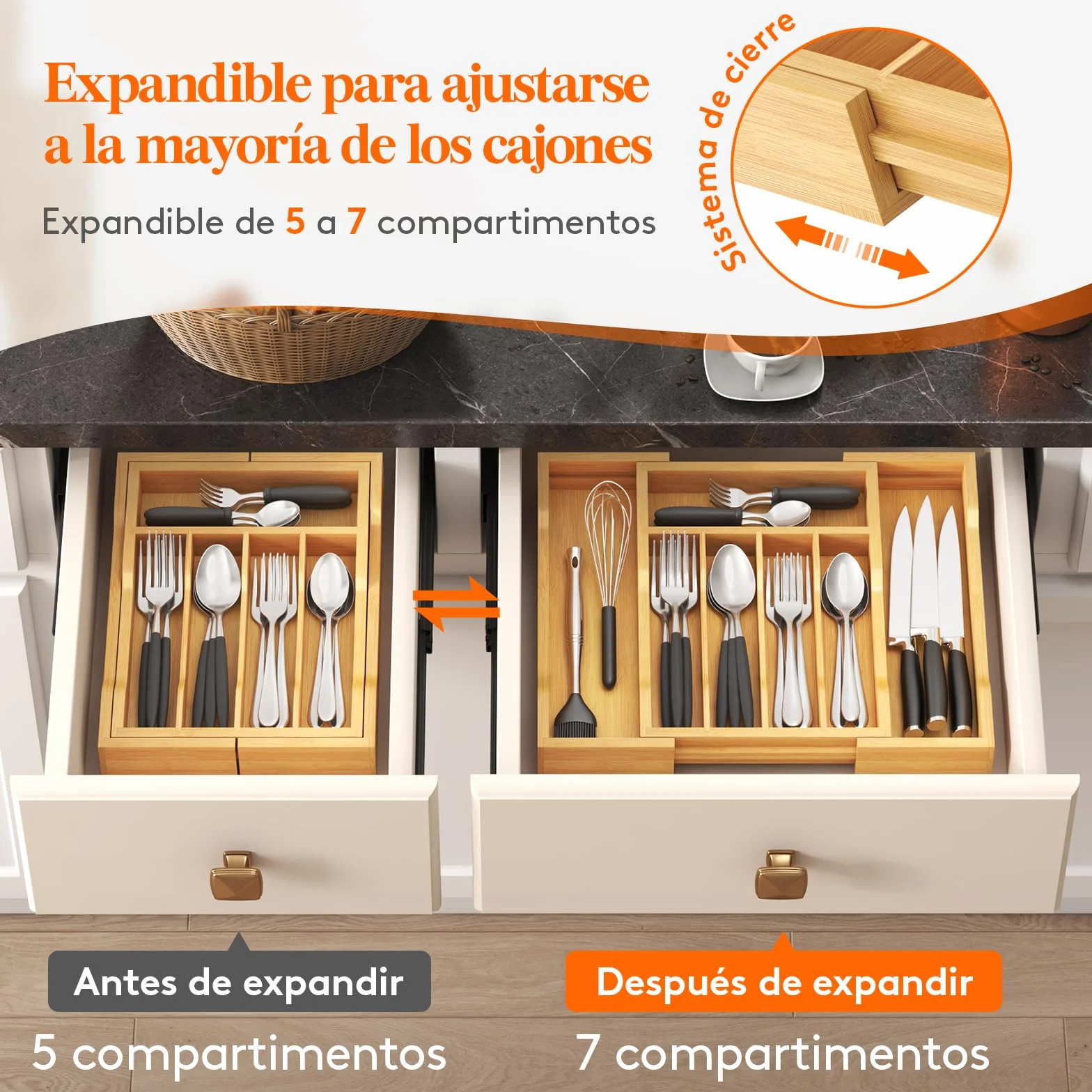 Lifewit Organizador Cubiertos de Bambú Extensible Cajón 24-40 cm Profundidad 33cm
