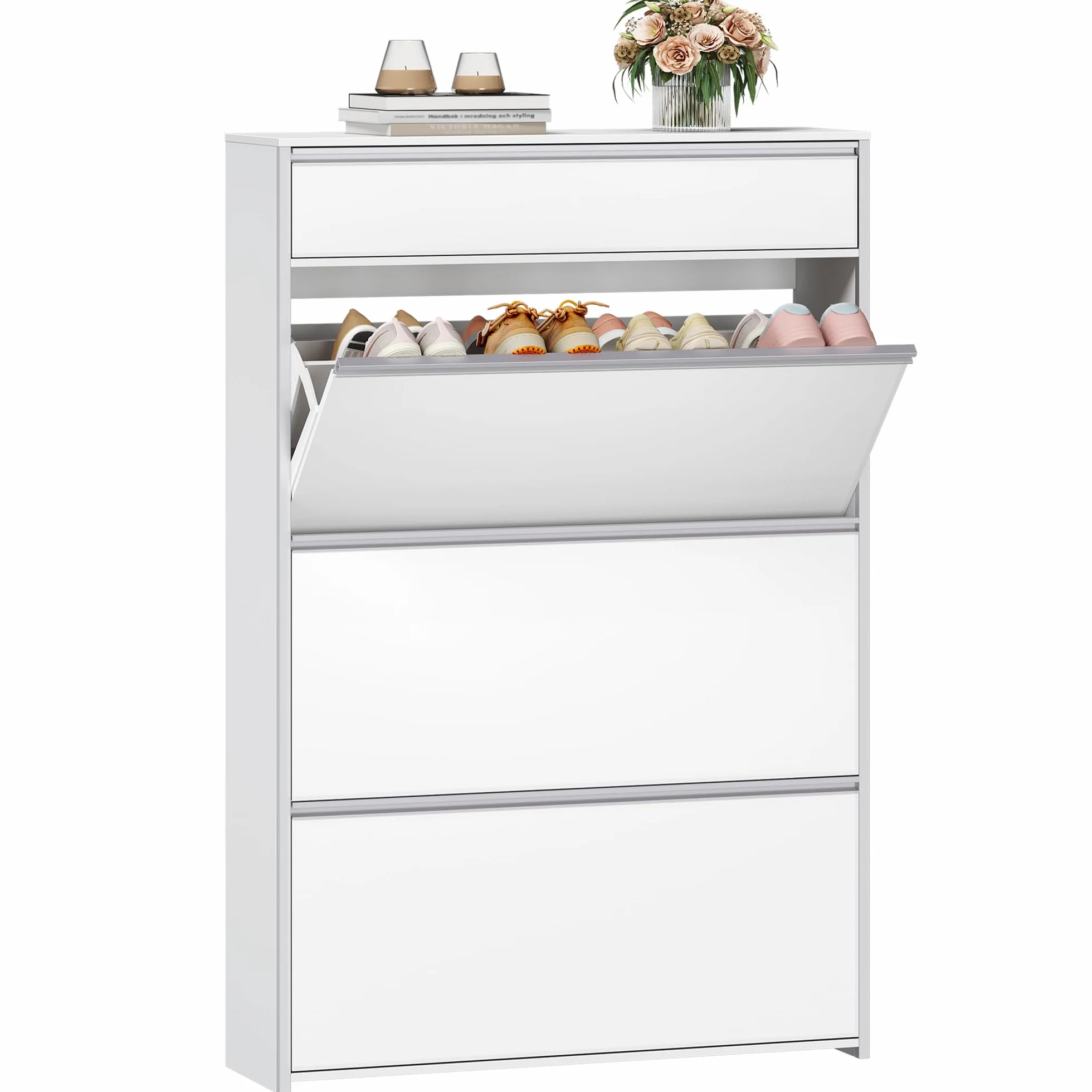 HEXCELEN Armario Zapatero Estrecho con 3 Puertas Abatibles, Zapatero con Cajón, Divisor Ajustable y Desmontable, para 18-24 Pares, para Pasillo, Entrada, 80 x 24 x 137,5 cm, Blanco-Plata