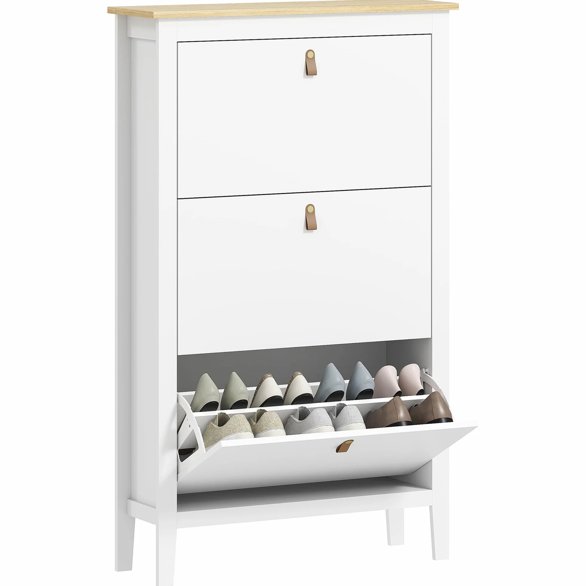 HOMCOM Zapatero Estrecho 4 Puertas, Zapatero Entrada Recibidor, Estantes Ajustables, Tiradores de PU, para 20 Pares de Zapatos, para Pasillo, Espacios Reducidos, 80x24x131 cm, Blanco