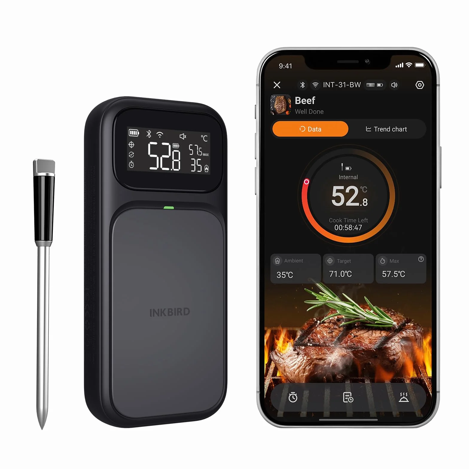 Termómetro de carne multisensor inalámbrico de doble modo INKBIRD INT-31-BW, conexión WiFi 5G y Bluetooth 5.4, 2 sondas con 5 sensores, alarmas de temperatura alta y baja, precisión acreditada