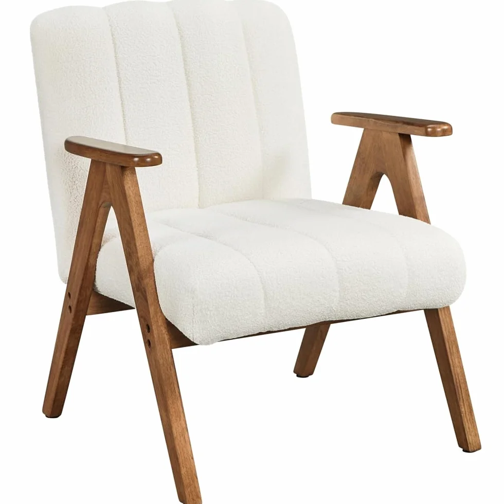 Yaheetech Sillón de Salón con Patas de Madera Maciza Respaldo y Cojín de Asiento Acolchado Sillón Relax Tapizado en Tela Bucle para Rincones de Lectura Salas de Estar Blanco