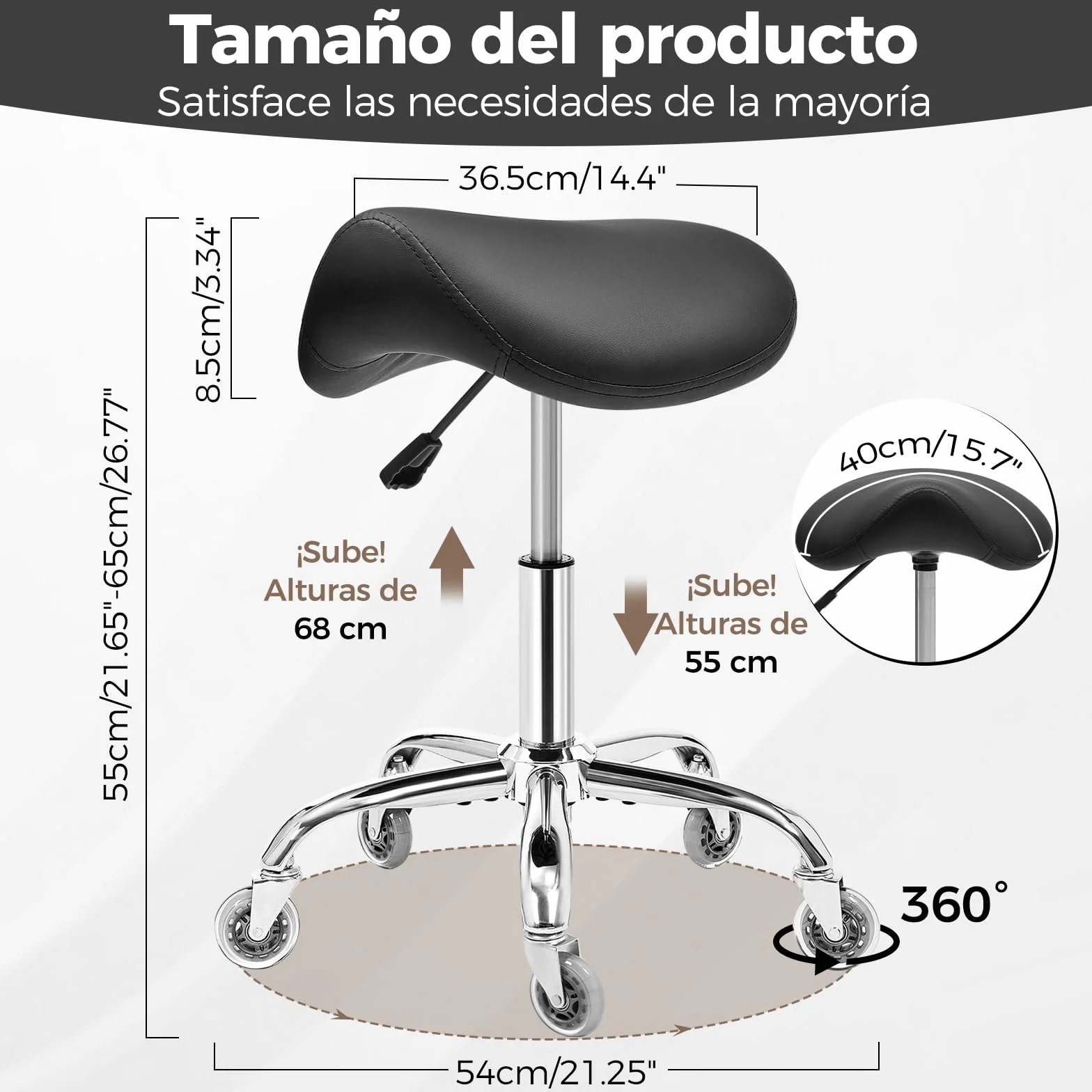 BEWISHOME Taburete Ergonómico de Silla de Montar con Ruedas, Ajuste Hidráulico Altura, Cojín Asiento Más Ancho, Adecuado a Peluquerías, Oficinas, Centros Masajes y Salones Belleza (Negro)