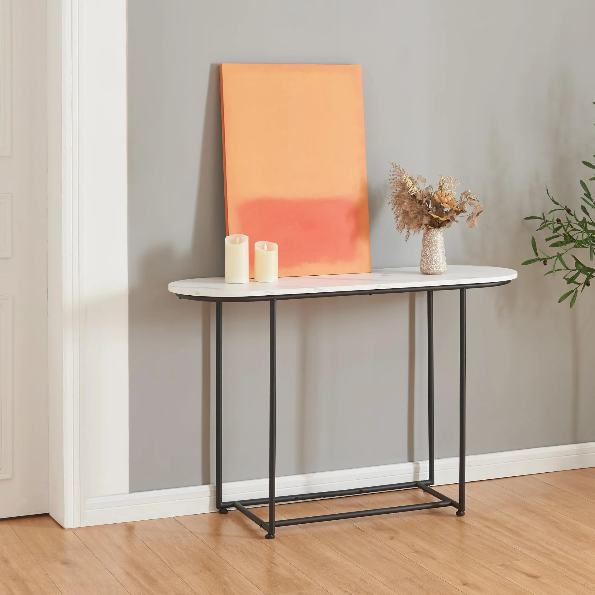 [en.casa] Mesa Consola Nordfron Mueble Recibidor Ovalada Mesa Auxiliar para Salón Pasillo Entrada Dormitorio Estructura Metálica 120 x 40 x 75 cm - Efecto mármol Blanco