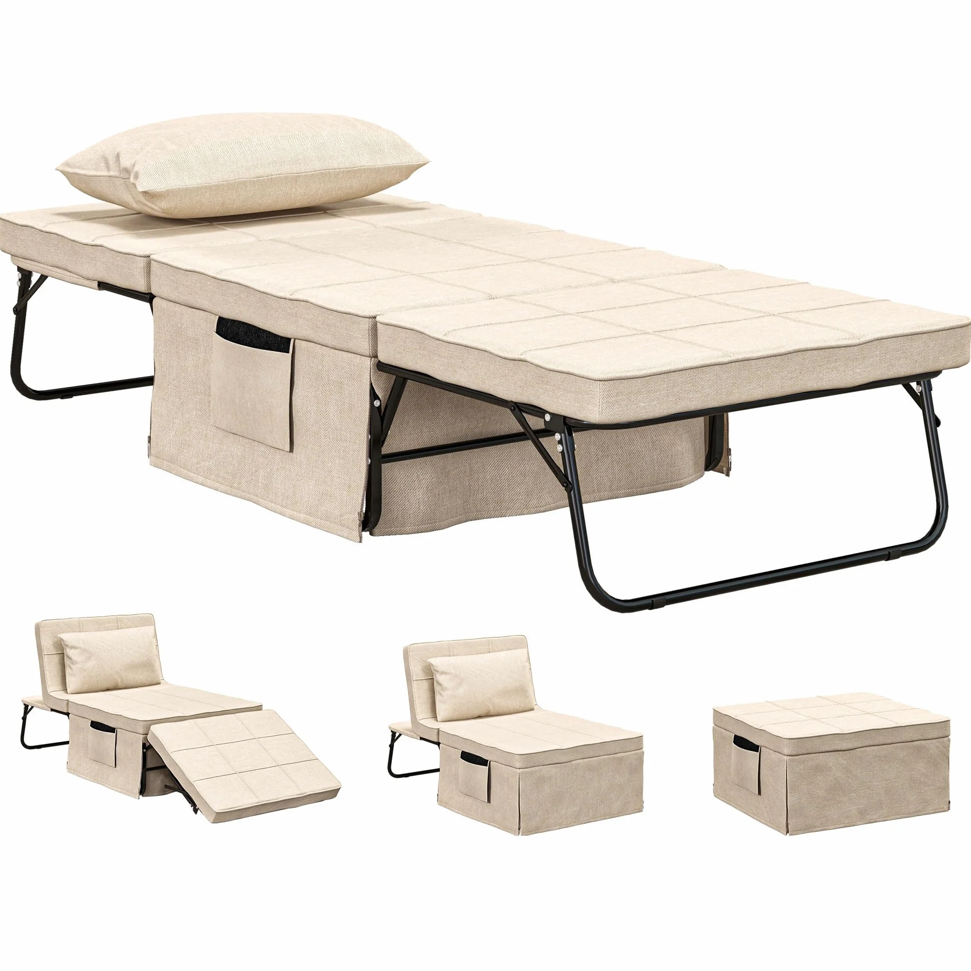 HOMCOM Sofá Cama de 1 Plaza 4 en 1, Sillón Cama Plegable, Otomana, Tapizado en Lino, con Respaldo Ajustable de 5 Niveles, Almohada Acolchada, para Oficina, Dormitorio, Salón, 75x80x74 cm, Crema