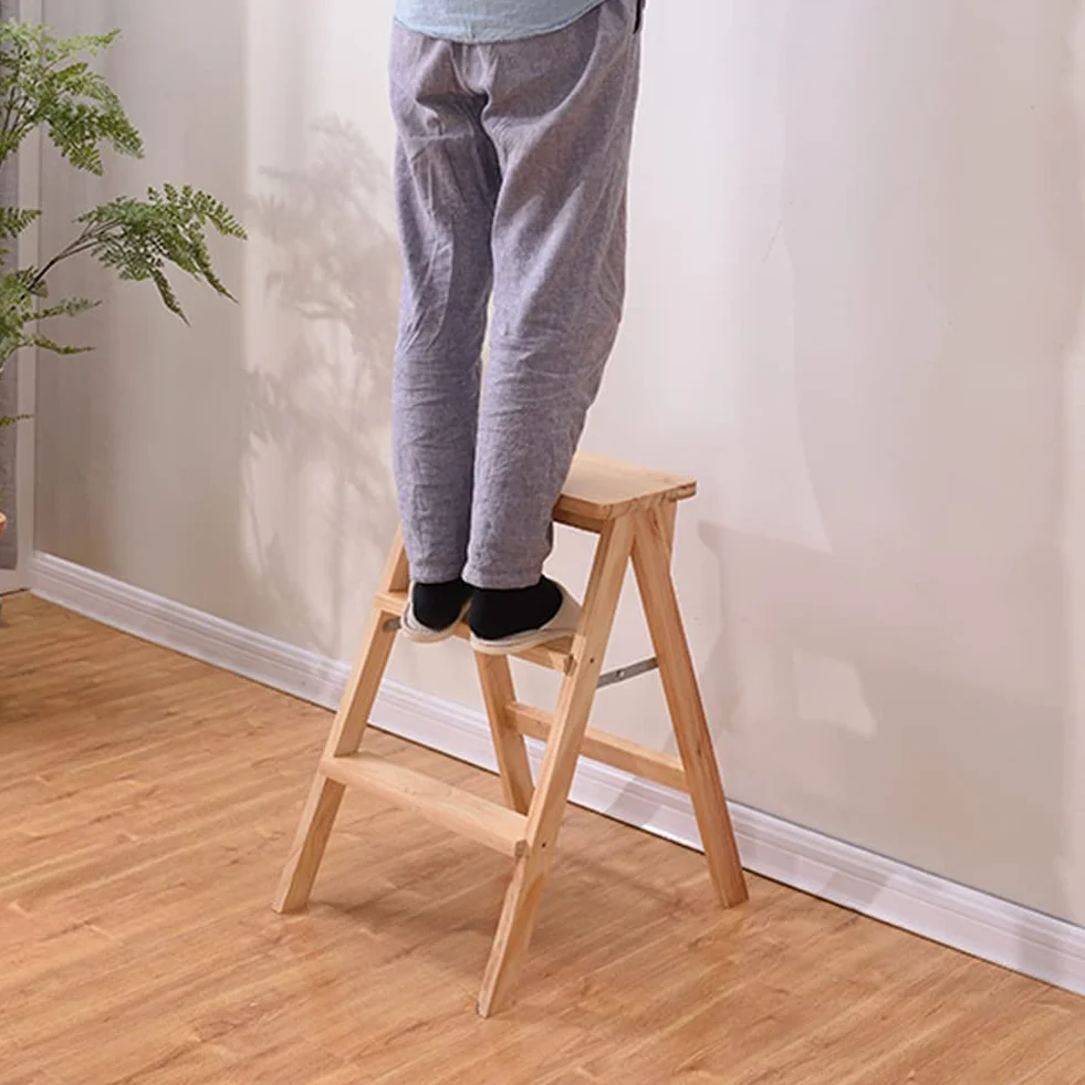 Taburete plegable de madera de 3 escalones para adultos y personas mayores, escalera portátil para cocina/dormitorio, fácil acceso y altura extra para objetos de alcance
