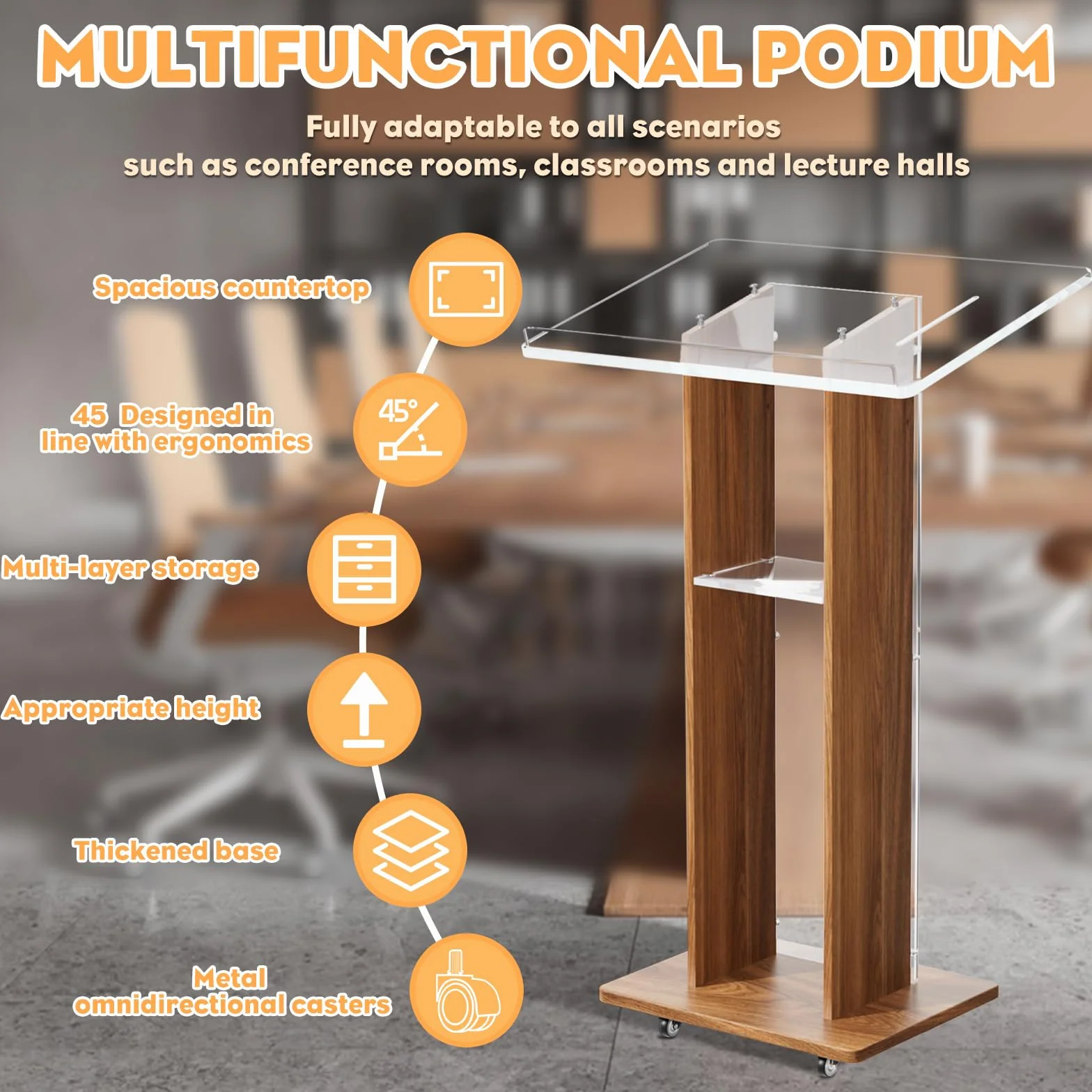 Afitdon Pódium de Madera de Acrílico, Púlpito de Acrílico Transparente con Estante de Almacenamiento, Púlpito de Iglesia con Plataforma de Lectura Amplia y Reforzada, Pódium Estable para Iglesia