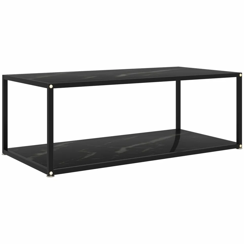 Mesa de centro negra 100 x 50 x 35 cm, vidrio templado con aspecto de mármol, diseño de 2 niveles, mesa de café moderna para salón, mesa auxiliar robusta de acero