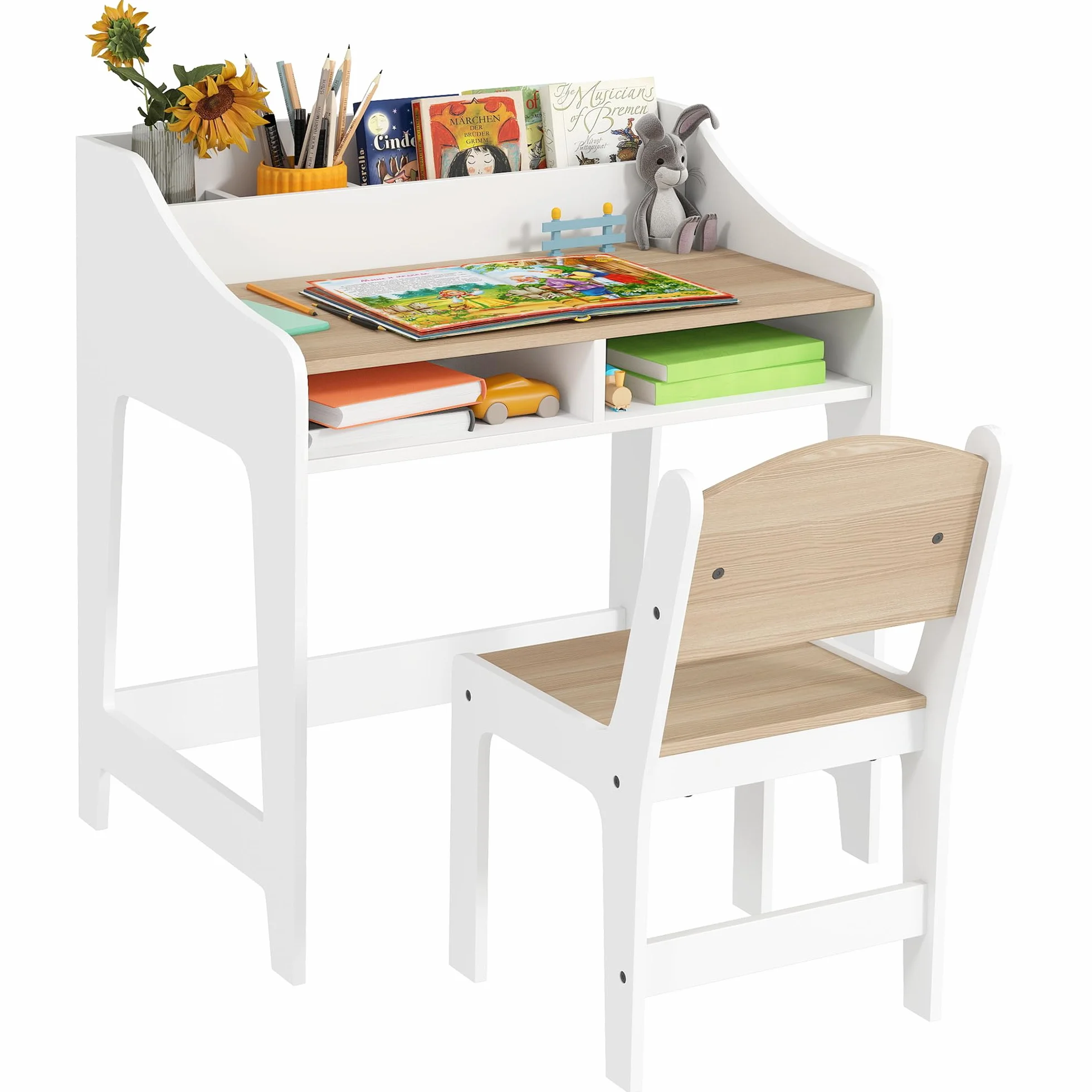 AIYAPLAY Juego de Escritorio y Silla para niños de 3 a 8 años, Escritorio de niño con Silla, Compartimentos Abiertos y estantes, para Dormitorio, Cuarto de Juegos, Cuarto de niños, Efecto Madera