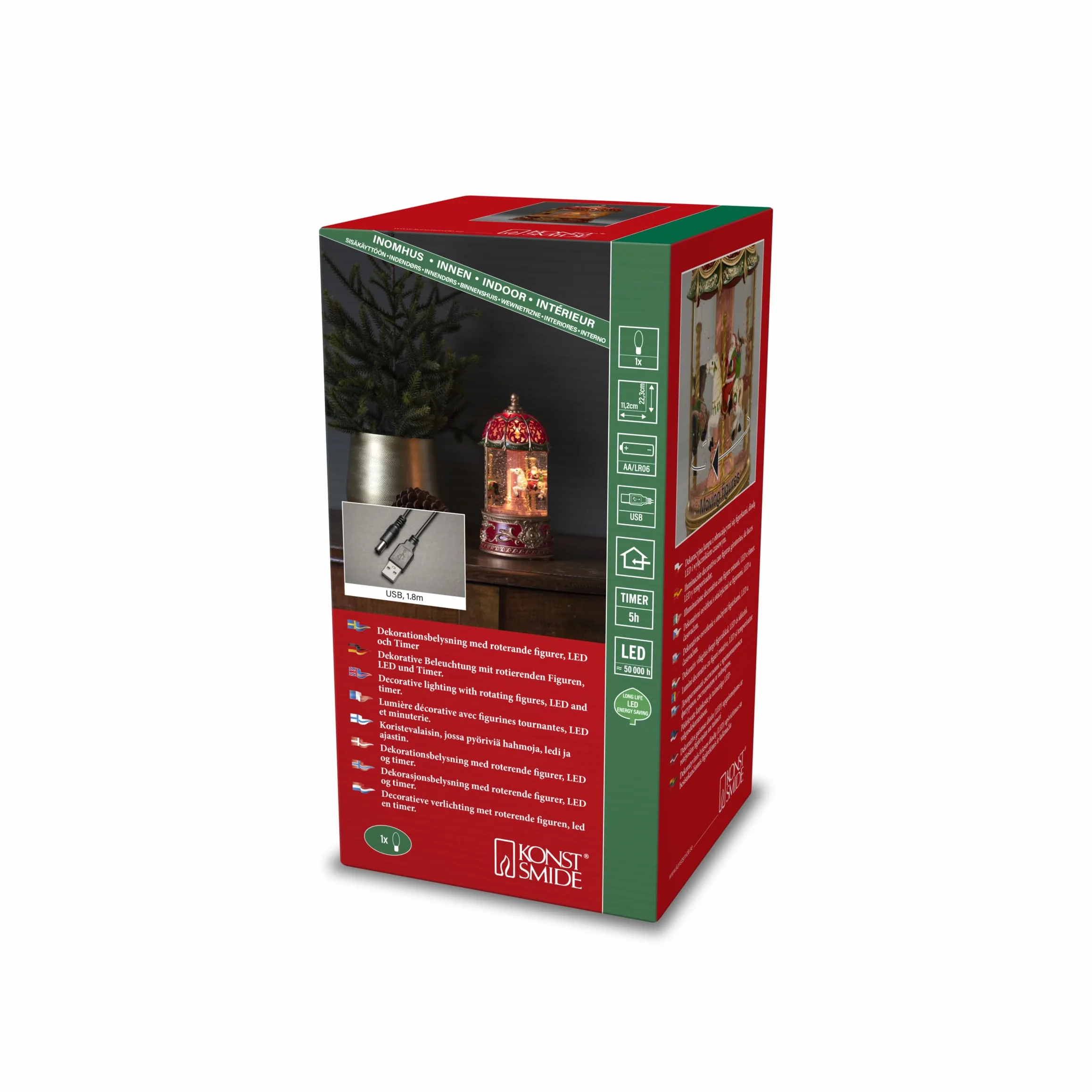 Konstsmide Bola de Nieve LED para decoración navideña, carrusel Giratorio de Navidad, Relleno de Agua, con Temporizador de 5 Horas, Funciona con Pilas y USB, Interior, 3 Pilas AA de 1,5 V (no