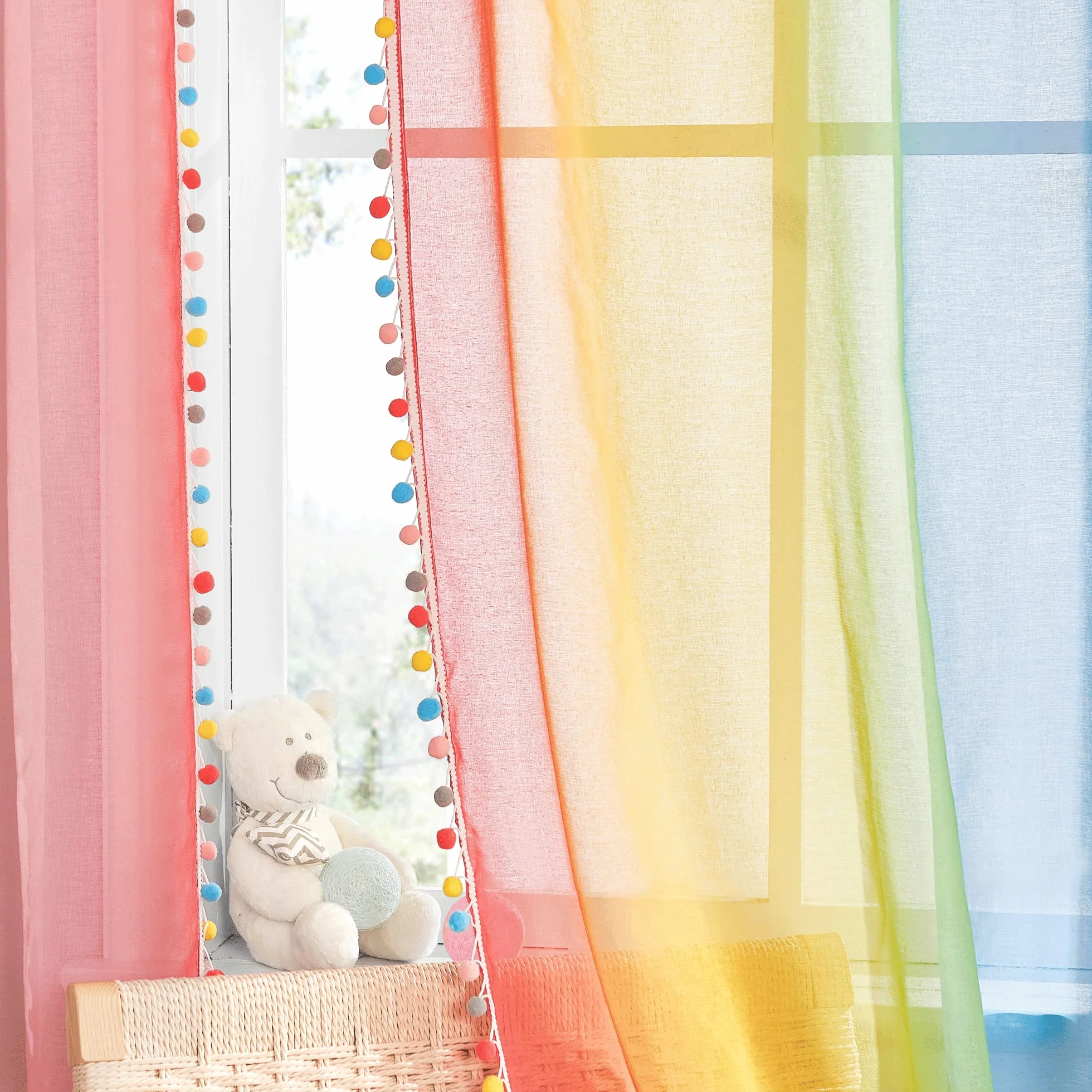 NICETOWN Cortinas Dormitorio Pompons Colores Visillos Cortos Ventanas Transparentes Degradado Arco Iris Infantiles Niña 132x160 cm