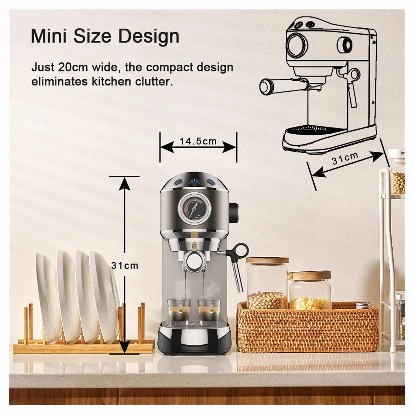 Cafetera semiautomática de 20 Bares con vaporizador Leche, Ideal para Espresso, Capuchino, Latte y Moca.