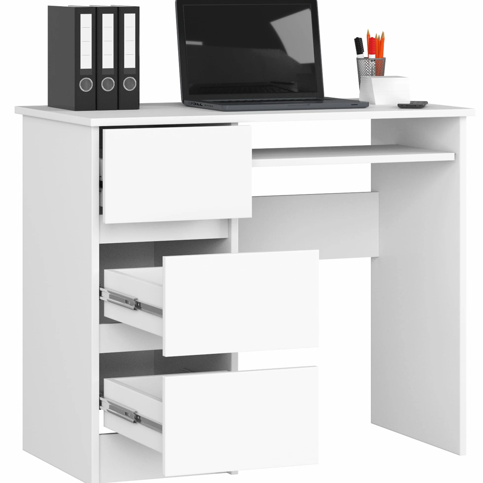 AKORD Escritorio A-6 con Estante para Teclado y 3 cajones a la Izquierda o a la Derecha | Escritorio de Oficina | Escritorio para Ahorrar Espacio | 90x77x50cm 30 kg (Blanco)