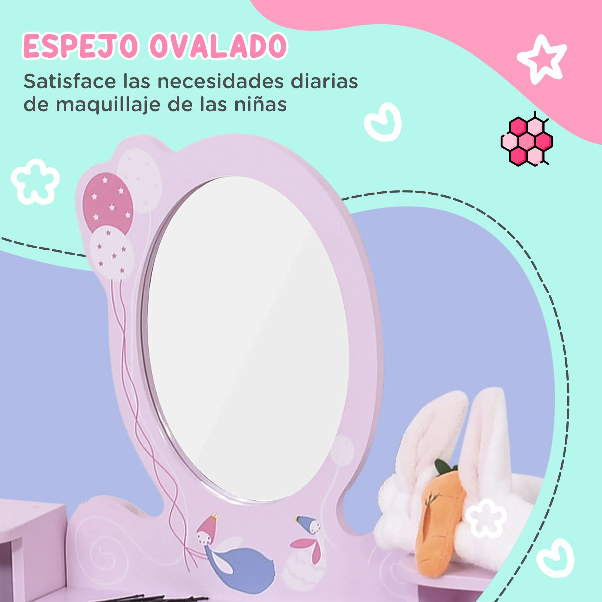 HOMCOM Tocador Infantil con Taburete y Espejo Tipo Princesa Mesa de Maquillaje Madera Rosa 60x34x93 cm