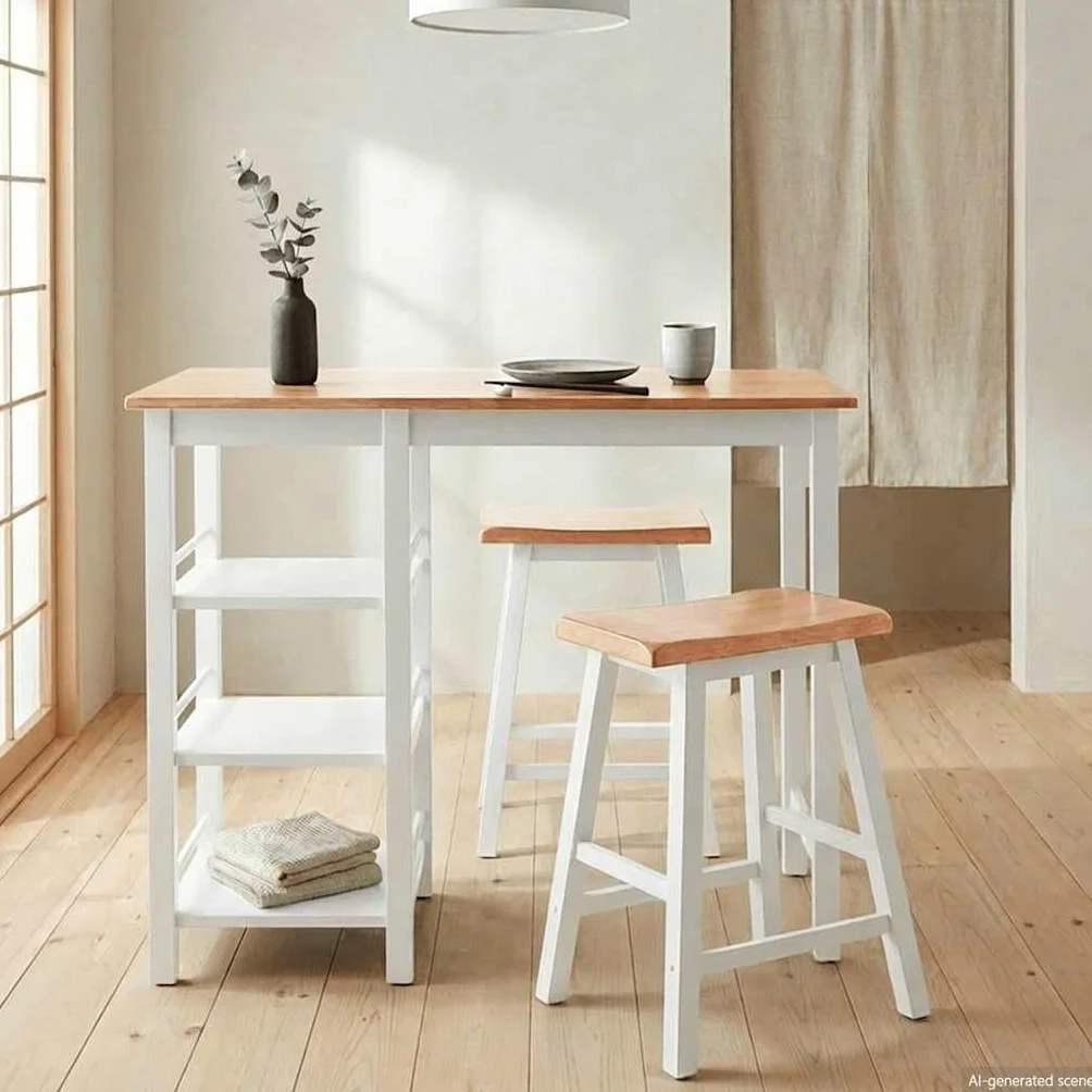 Juego de comedor de 3 piezas de MDF y madera de caucho blanco, incluye mesa con estantes y taburetes ergonómicos, ideal para comedor, cocina y salón, fácil de montar