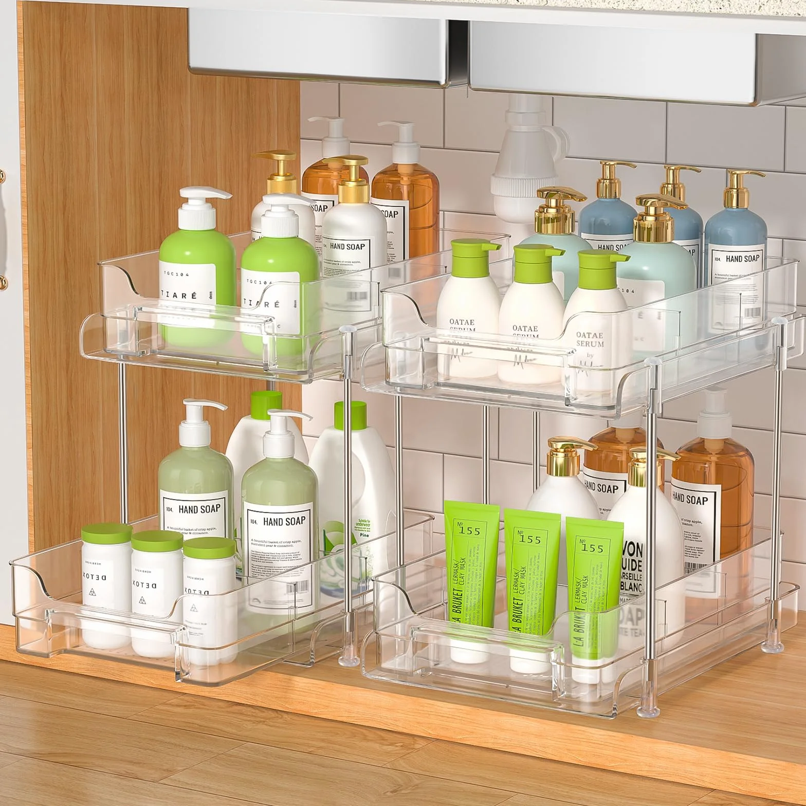 2 Paquete Organizador Cocina Debajo del Fregadero, 2 Niveles Extraíble Estante Almacenamiento, Maquillaje, Baño, Productos de Limpieza, Cajones