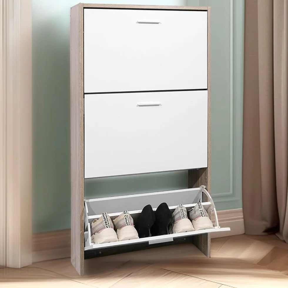 CASABEL, Mueble Zapatero de 18 Pares, Estantería de Gran Capacidad para vestíbulo o Pasillo, (Ancho) 60 x (Profundidad) 24 x (Alto) 113 cm, Madera Clara Blanca