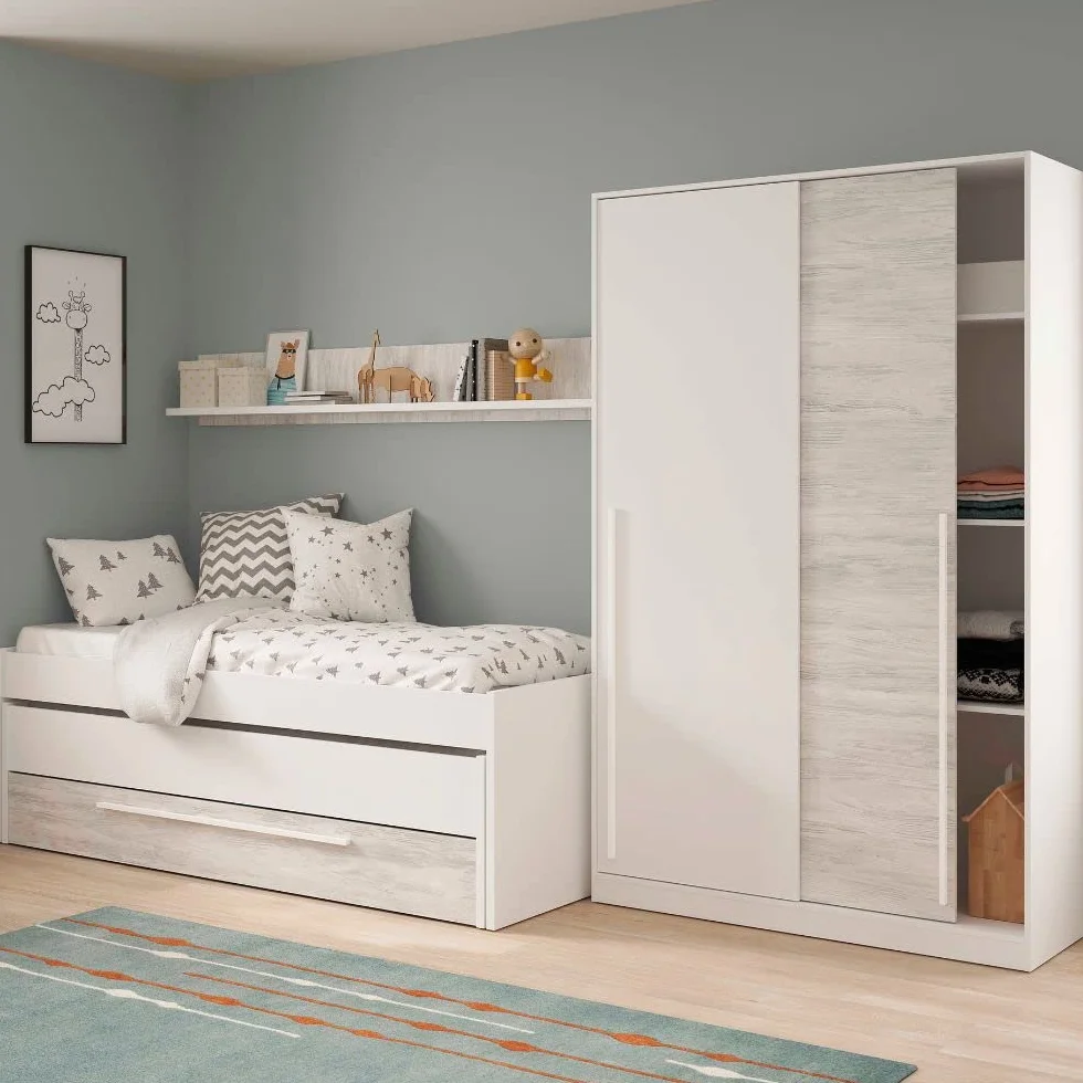 Mobelcenter, Cama Nido Juvenil Elliot 2 Camas 1 Cajón 1 Estante, Cama Doble Juvenil con 2 Camas 1 Cajón, Color Blanco Artik y Blanco Velho, Medidas: Ancho: 199 cm x Fondo: 96 cm x Alto: 65 cm (1383)