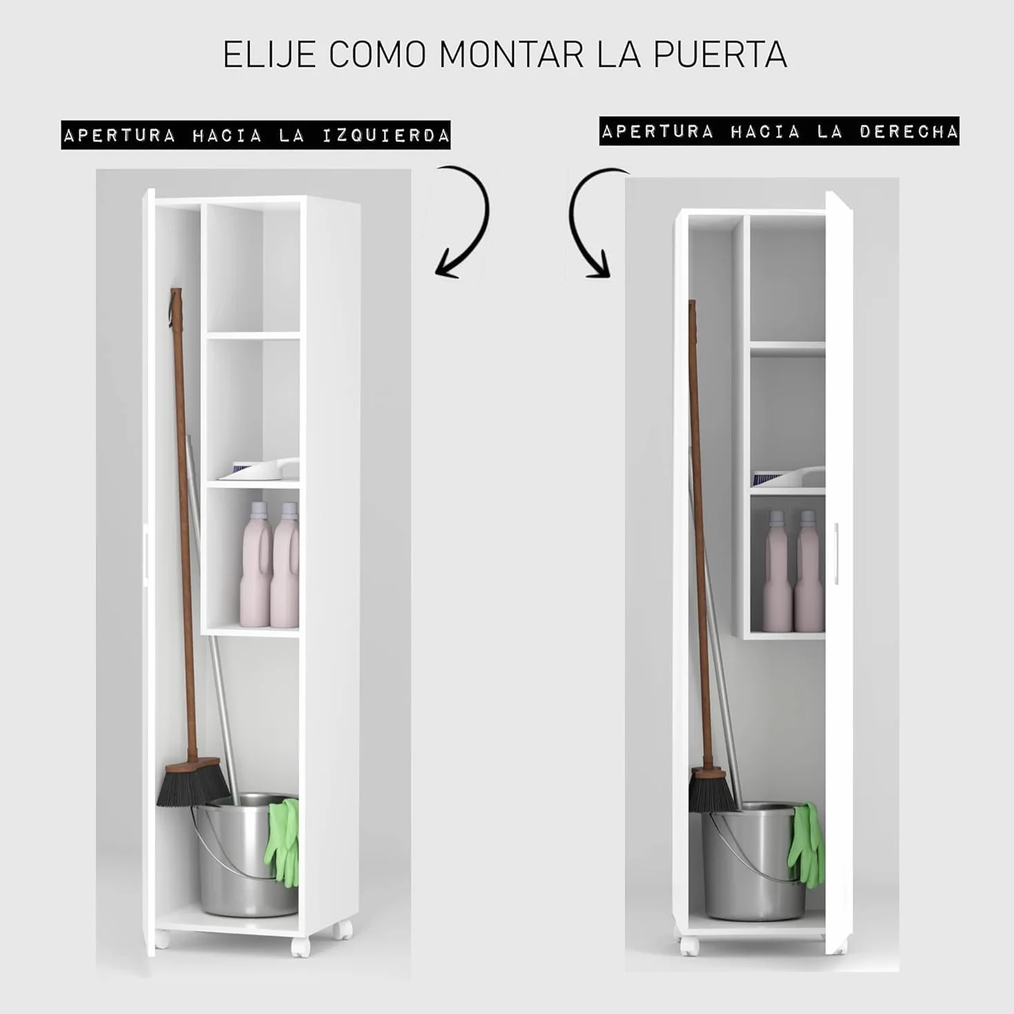 Armario Escobero Multiusos con Ruedas – 1 Puerta Reversible, Estantes y Espacio para Escoba y Fregona – Blanco, 183x42x41 cm – Mueble Auxiliar para Lavadero, Trastero o Cuarto de Limpieza