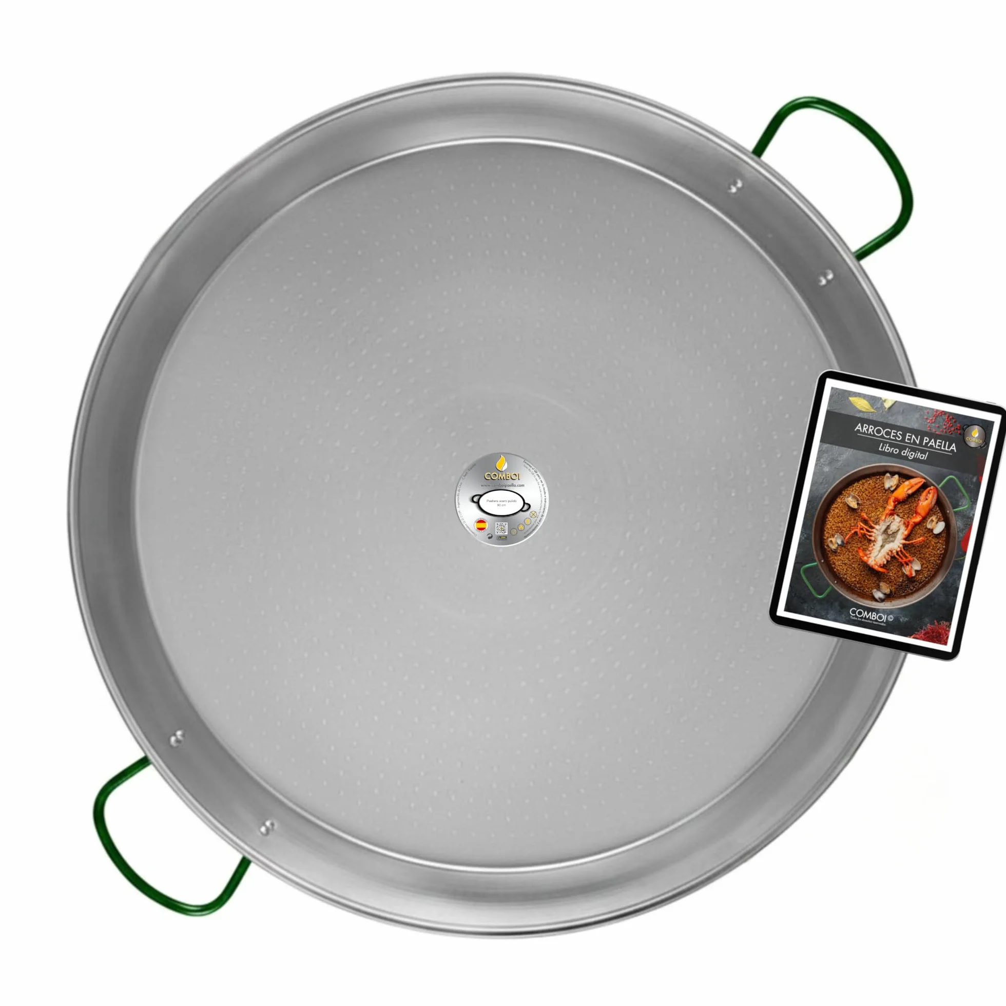 COMBOI - Paellera de acero pulido 50 cm, paellera valenciana hasta 13 raciones, apta para gas, leña y paelleros, fabricada en España, incluye recetario digital. (50 CM)