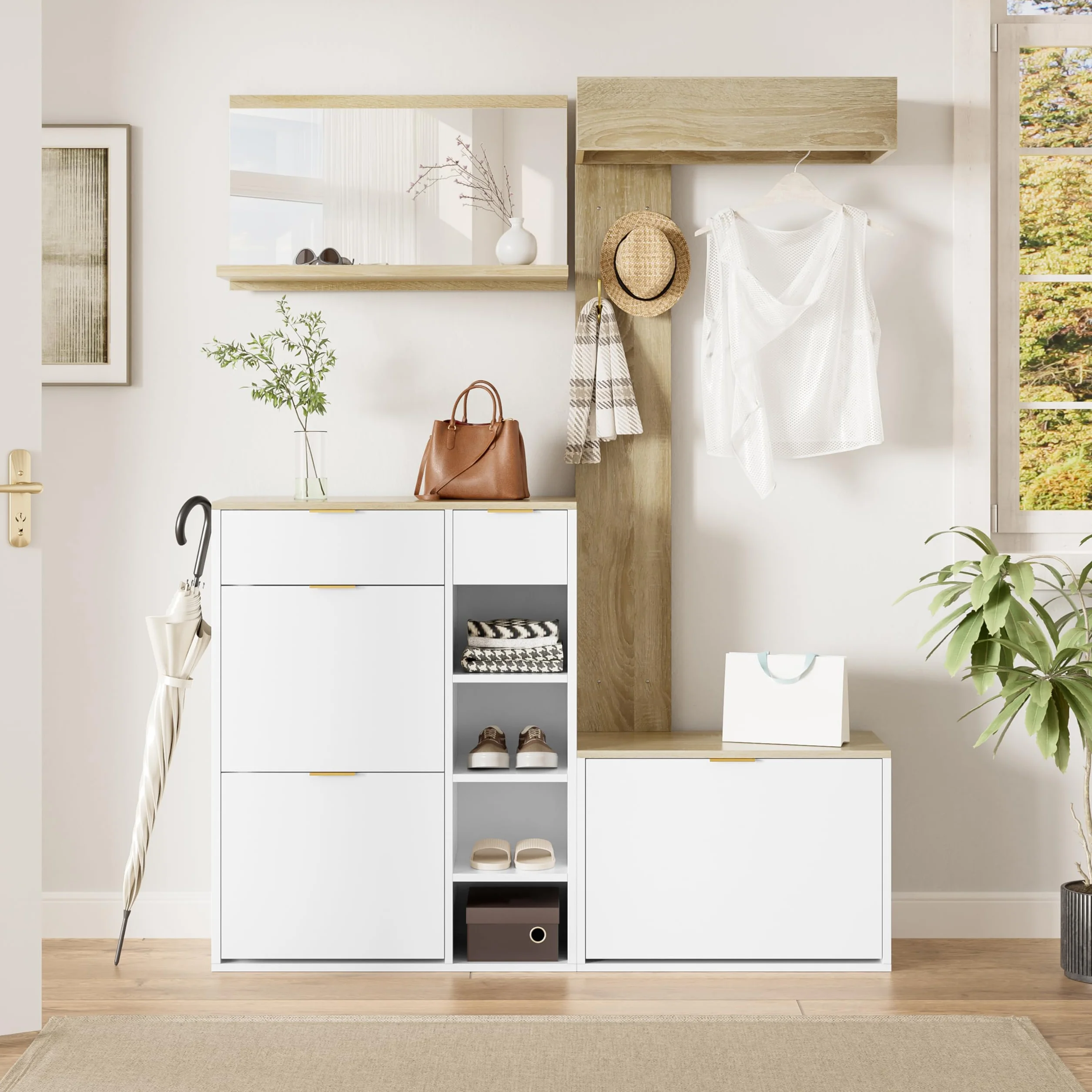 Conjunto de Recibidor de Entrada con Espejo y Ganchos, Perchero de Pared con Banco Zapatero, Juego de Mueble Recibidor con Cajones y Espacio de Almacenamiento, 174x130x30 cm, Natural + Blanco