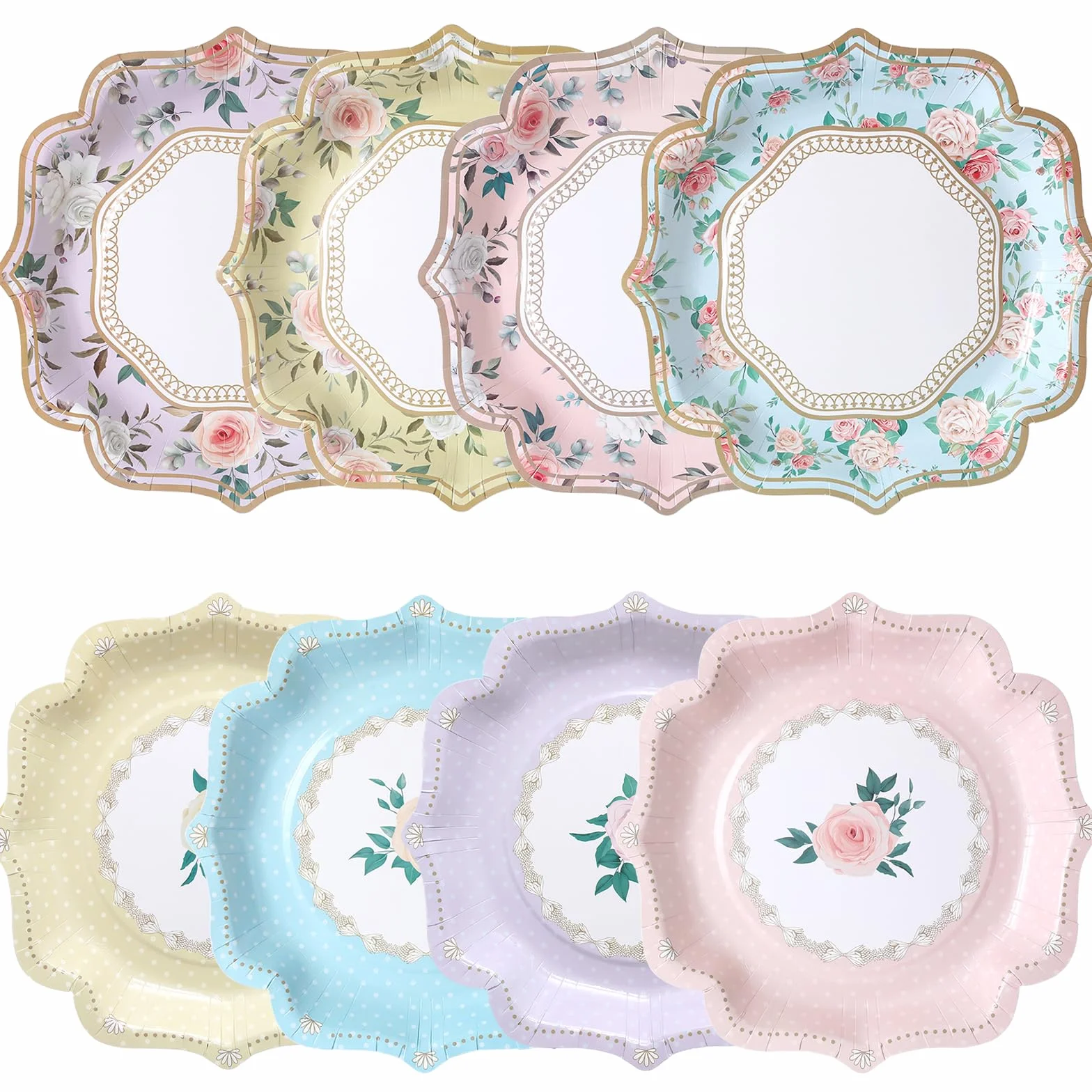 DUBEDAT 48 platos de papel floral de 9 pulgadas, té de la tarde, día de la madre, decoración de fiesta para fiesta de té, baby shower, cumpleaños, boda