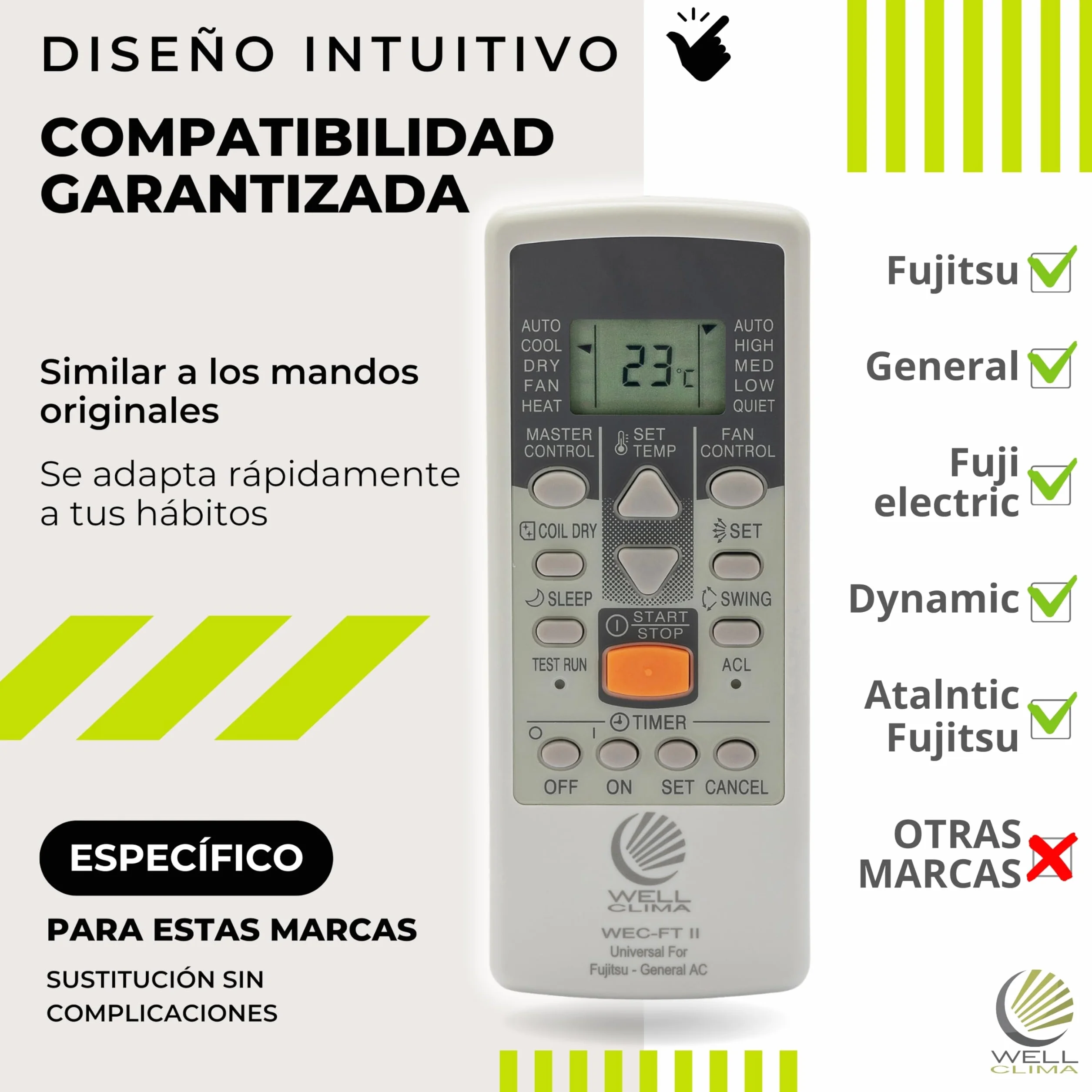 Wellclima WEC-FT II Mando Universal Compatible con Aires Acondicionados Fujitsu y General, Funciones Avanzadas, 4 Velocidades de Ventilador