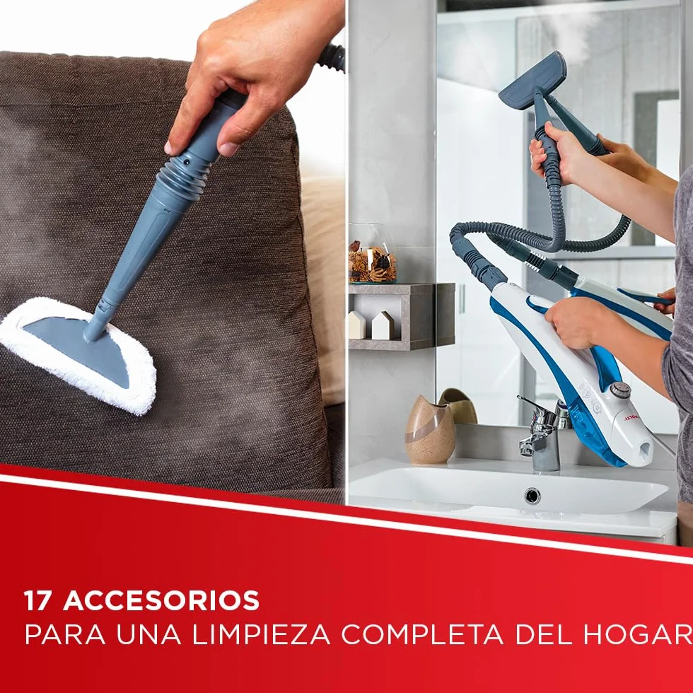 Polti Vaporetto SV460 Doble,Escoba a Vapor 2 en 1 con Limpiador Portátil, Potencia Máxima 1500 W, 17 Accesorios Incluidos, Calentamiento en 15 Segundos, Depósito Extraíble, Blanco y Azul