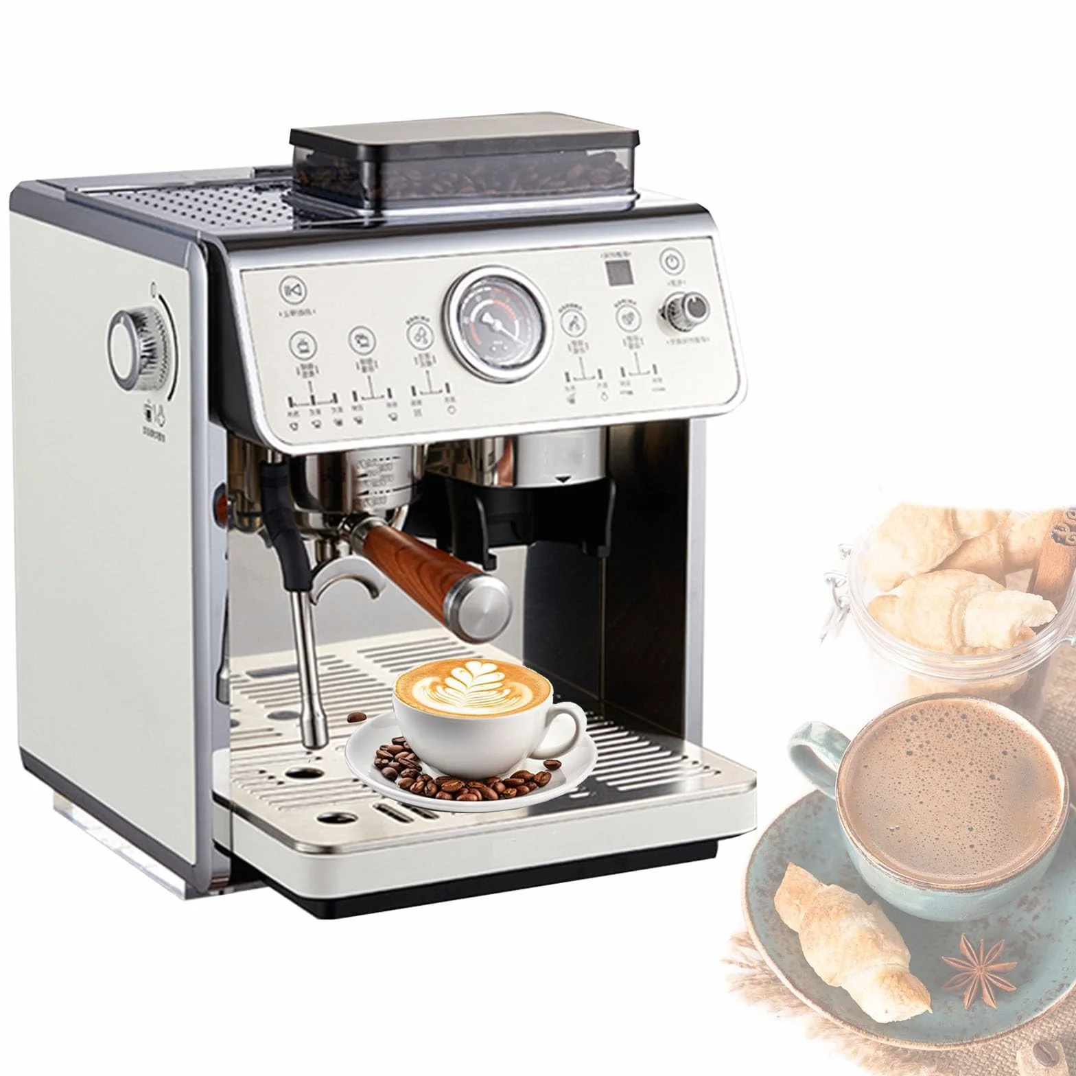 Cafeteras de espresso con molinillo, cafetera de 2200 W con vaporizador de leche, cafetera de acero inoxidable con depósito de agua extraíble de 90 oz for capuchino y latte.