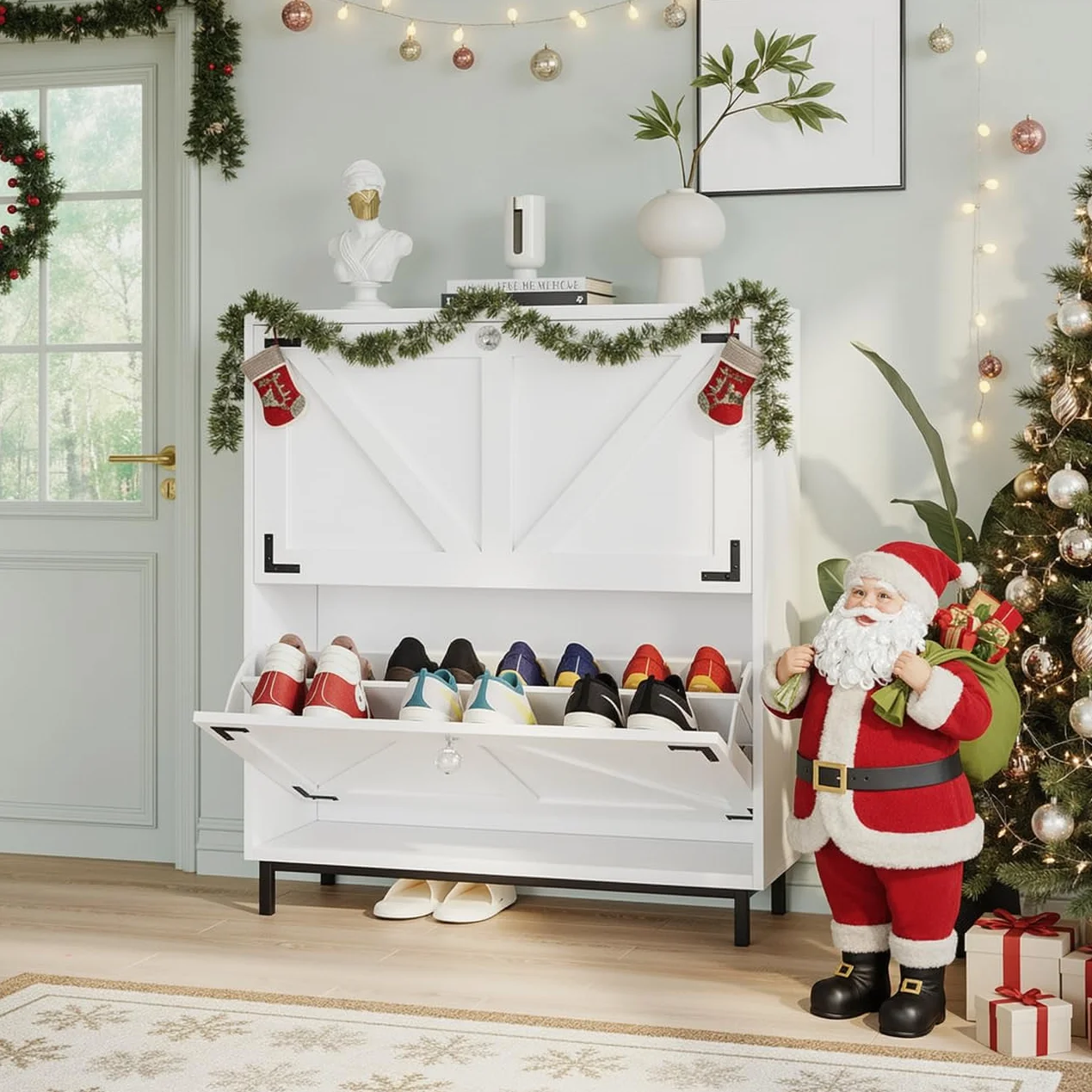 VOWNER Zapatero Entrada Recibidor, 2 Puertas, Zapatero Blanco, Particiones Ajustables, Madera, para Entrada Estrecha, con Patas de Acero, 80 x 24 x 92 cm, Pasillo