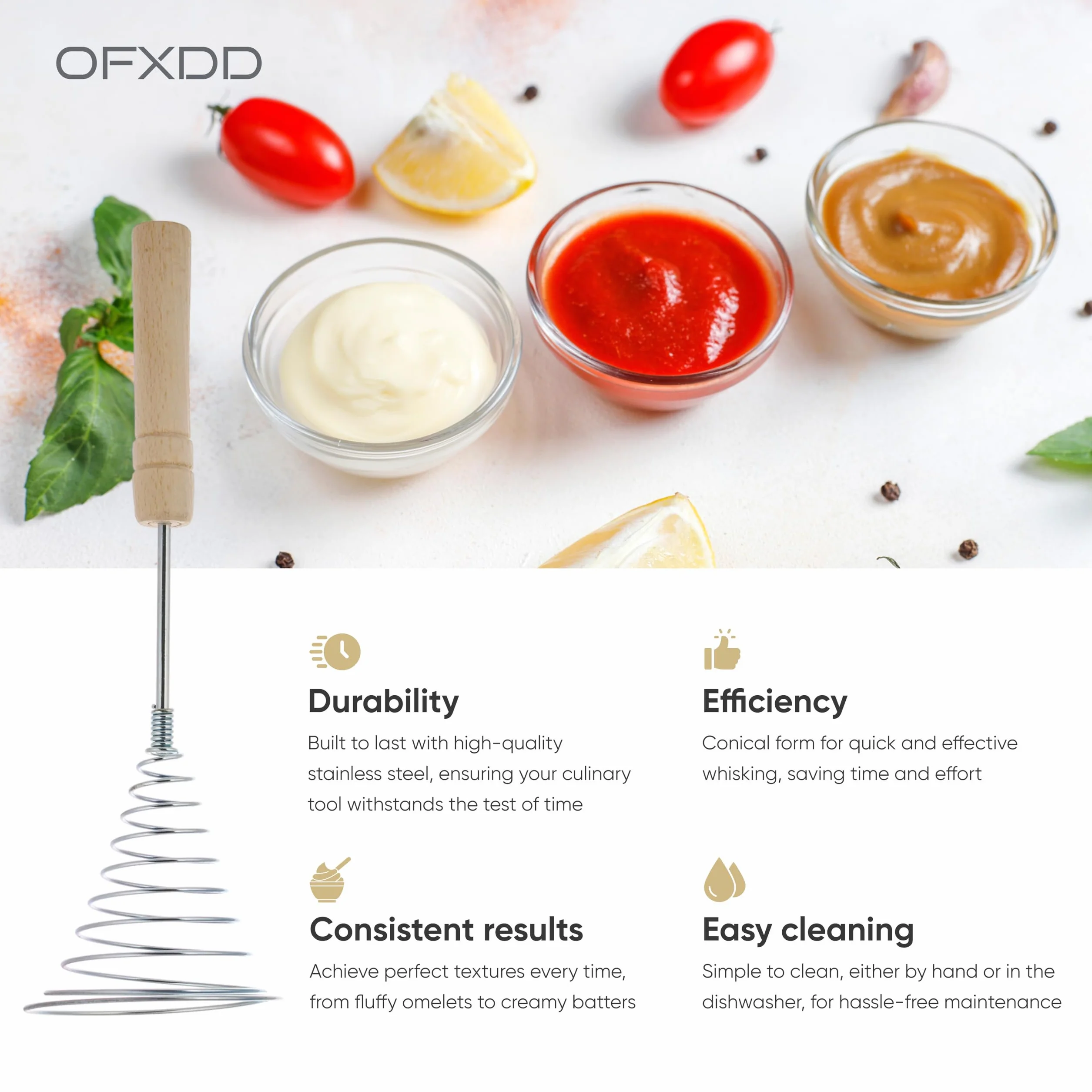 Batidor de alambre de acero inoxidable para huevos – Pack de 2 – Batidor de acero inoxidable con mango de madera de acero