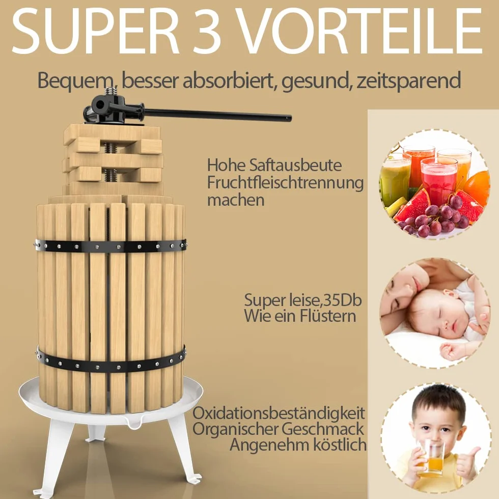 Prensa de frutas de 18 l, con cesta de madera para zumo natural, uva, baya, manzana, prensa de frutas, prensa de vino, incluye red de prensado gratuita
