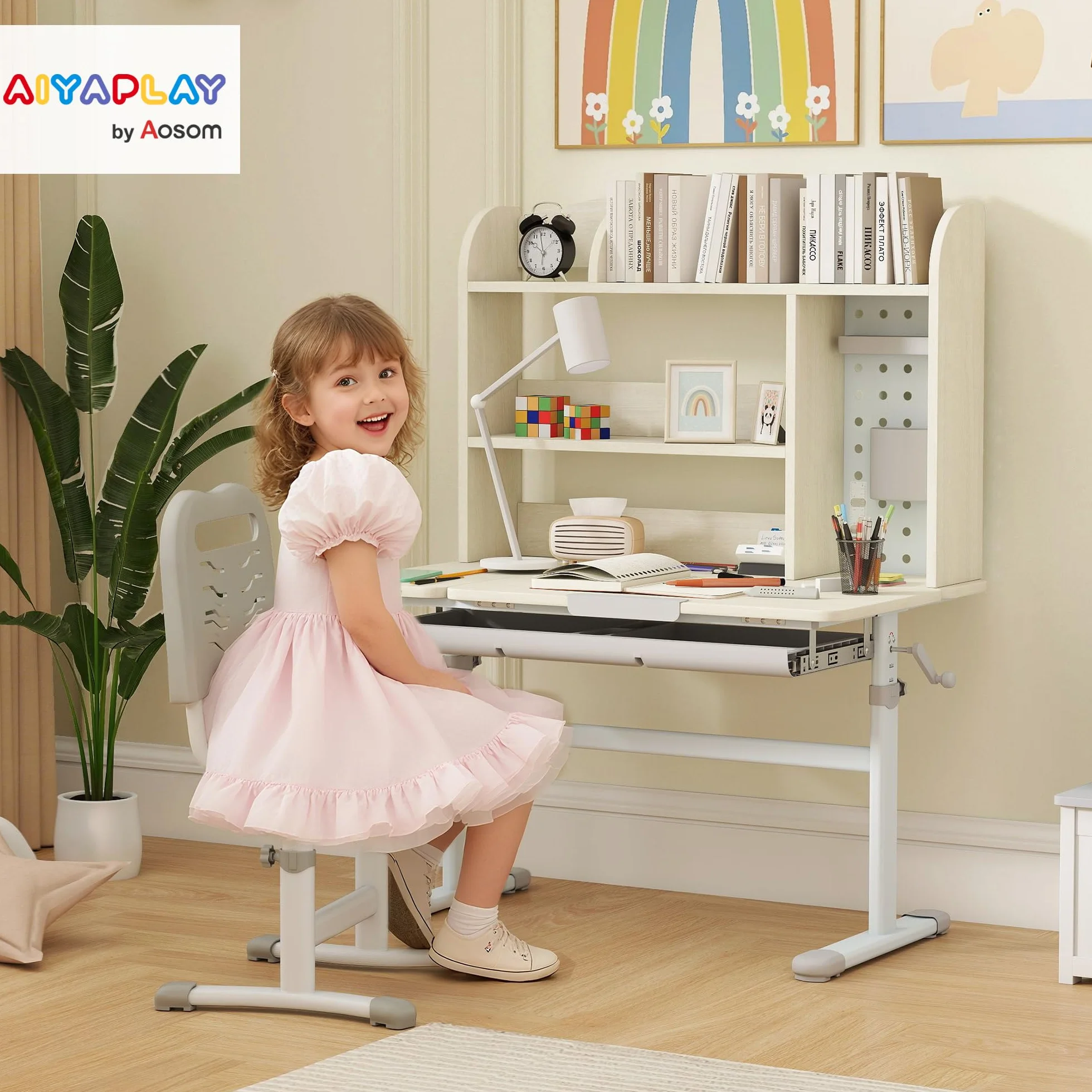 AIYAPLAY Escritorio infantil, mesa de estudio regulable en altura con tablero basculante, conejera, cajón, estante de almacenamiento, panel perforado, para leer, dibujar, estudiar, de 3 a 12 años,