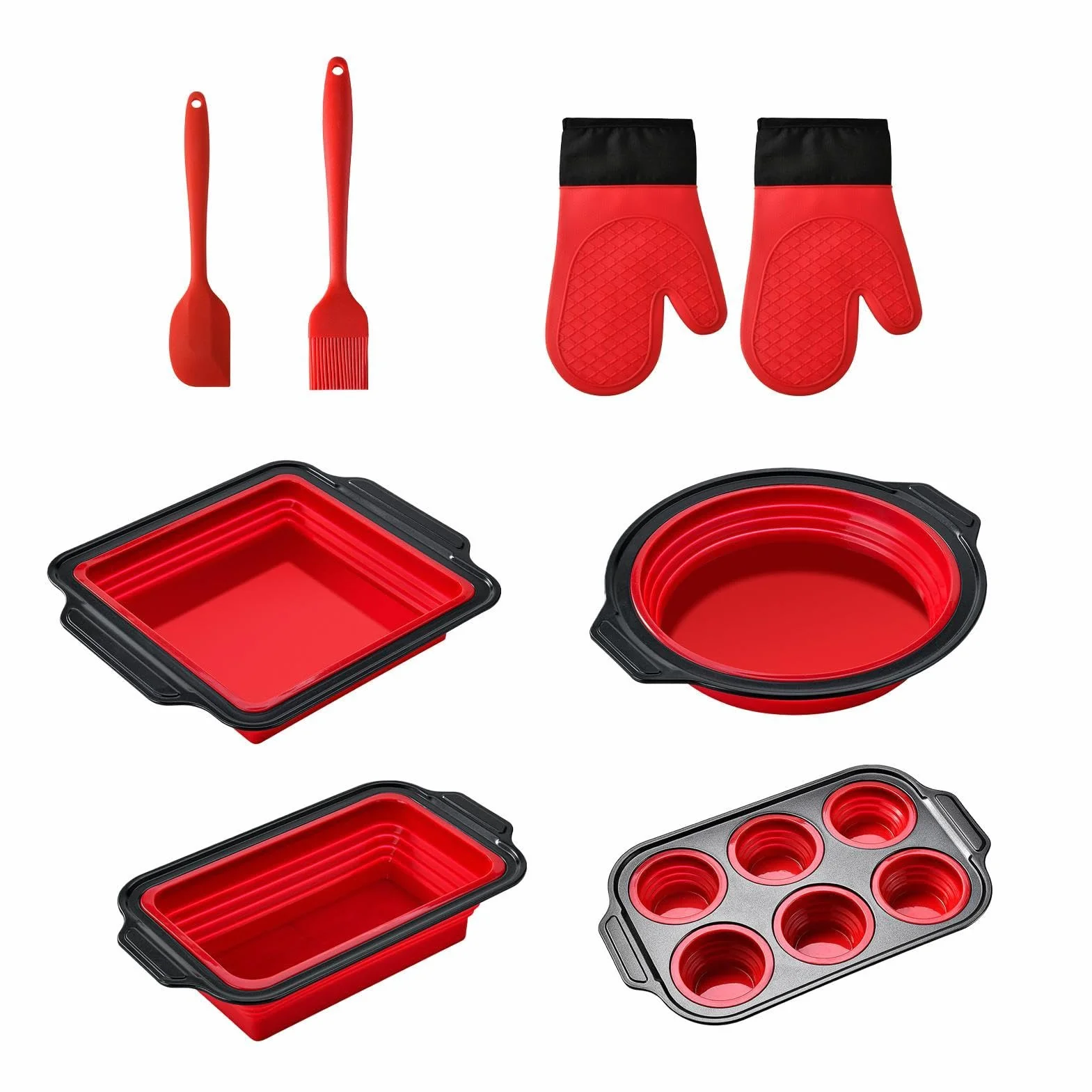 Genérico Molde de Silicona para Hornear apilable y apto al lavavajillas | con Guante, Rasqueta y Cepillo Set Antiadherente para Hornear Resistente al Lavavajillas, para Magdalenas, Pan, Galletas,