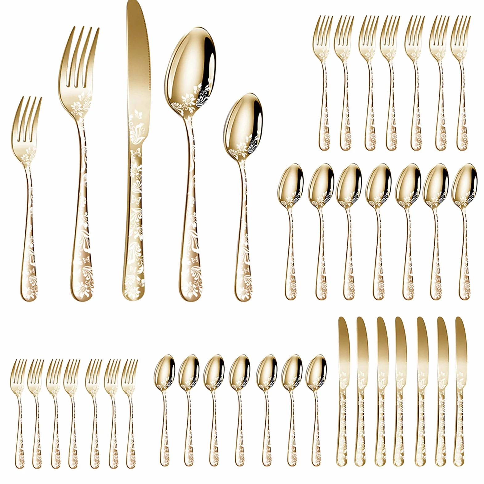 Walmeck JUEGO DE CUBIERTOS DE ACERO INOXIDABLE CUBIERTOS PULIDO ESPEJO 40PCS PARA COCINA RESTAURANTE FIESTA (Oro)