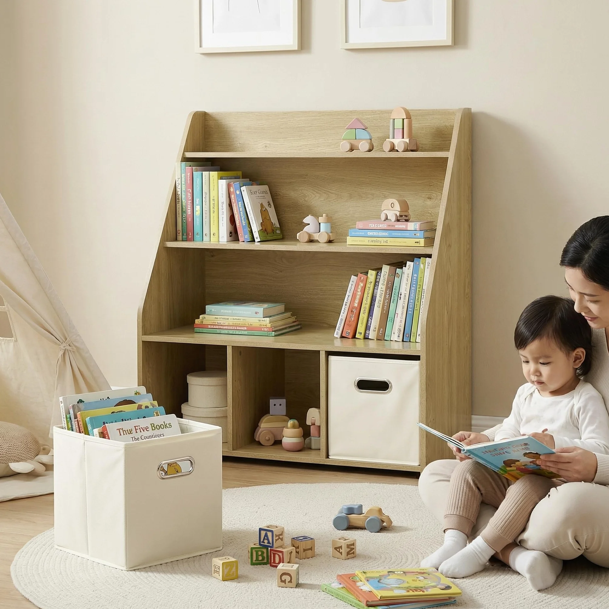 EFURDEN Estantería de Madera para niños con 3 cajones extraíbles, estantería para Juguetes y Libros 3 en 1 para habitación Infantil y Sala de Juegos, estantería de Almacenamiento Montessori