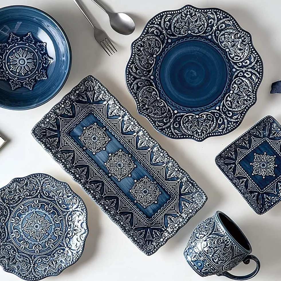 Juego De Vajilla De Cerámica Azul 12 Piezas Bajo Vidriado Ideal para Restaurantes Fiestas Familiares Y Eventos Vajillas Completas Baratas