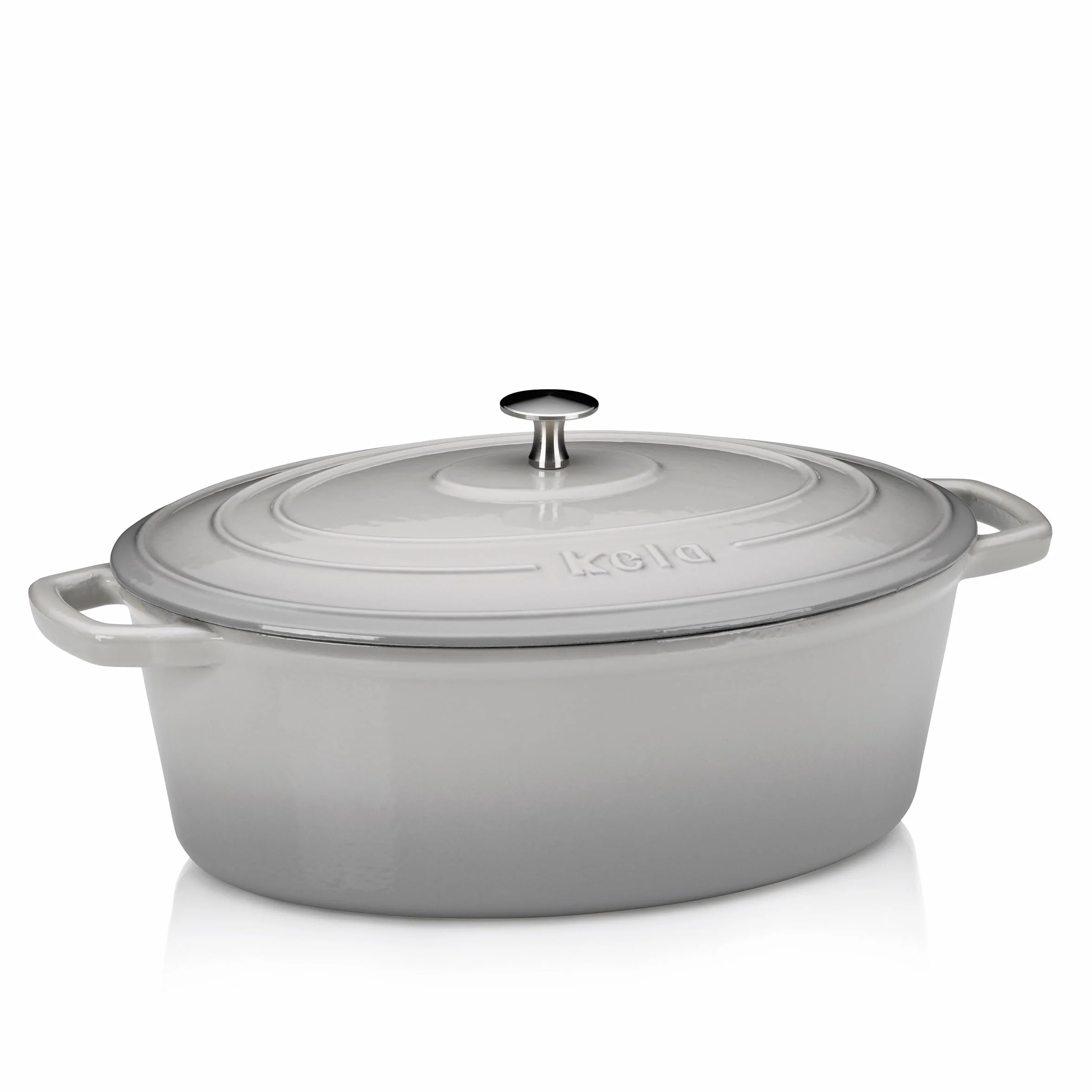 Kela Asador de Hierro Fundido Ovalado 6 Litros, Dutch Oven CALIDO, Asador de Inducción con Tapa, Olla de Hierro Fundido para Hornear Pan, Esmaltada, Gris Claro