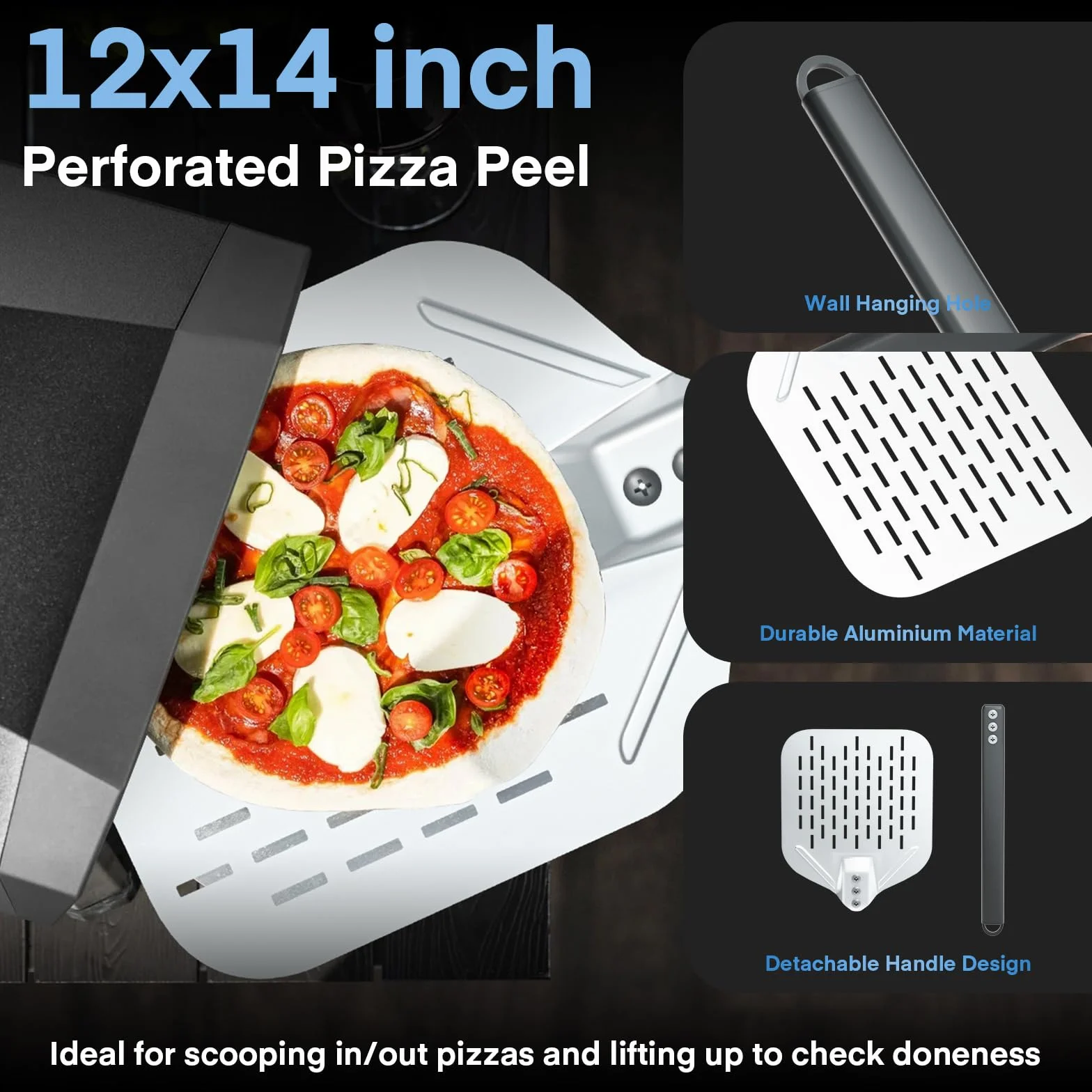 4PCS Accesorios para Horno de Pizza, iklestar Pela de Pizza Perforada de 30x40cm, Pela Giratoria de Aluminio de 83cm con Mango Largo, Cepillo Limpiador de Piedra de Horno para Pizza Casera