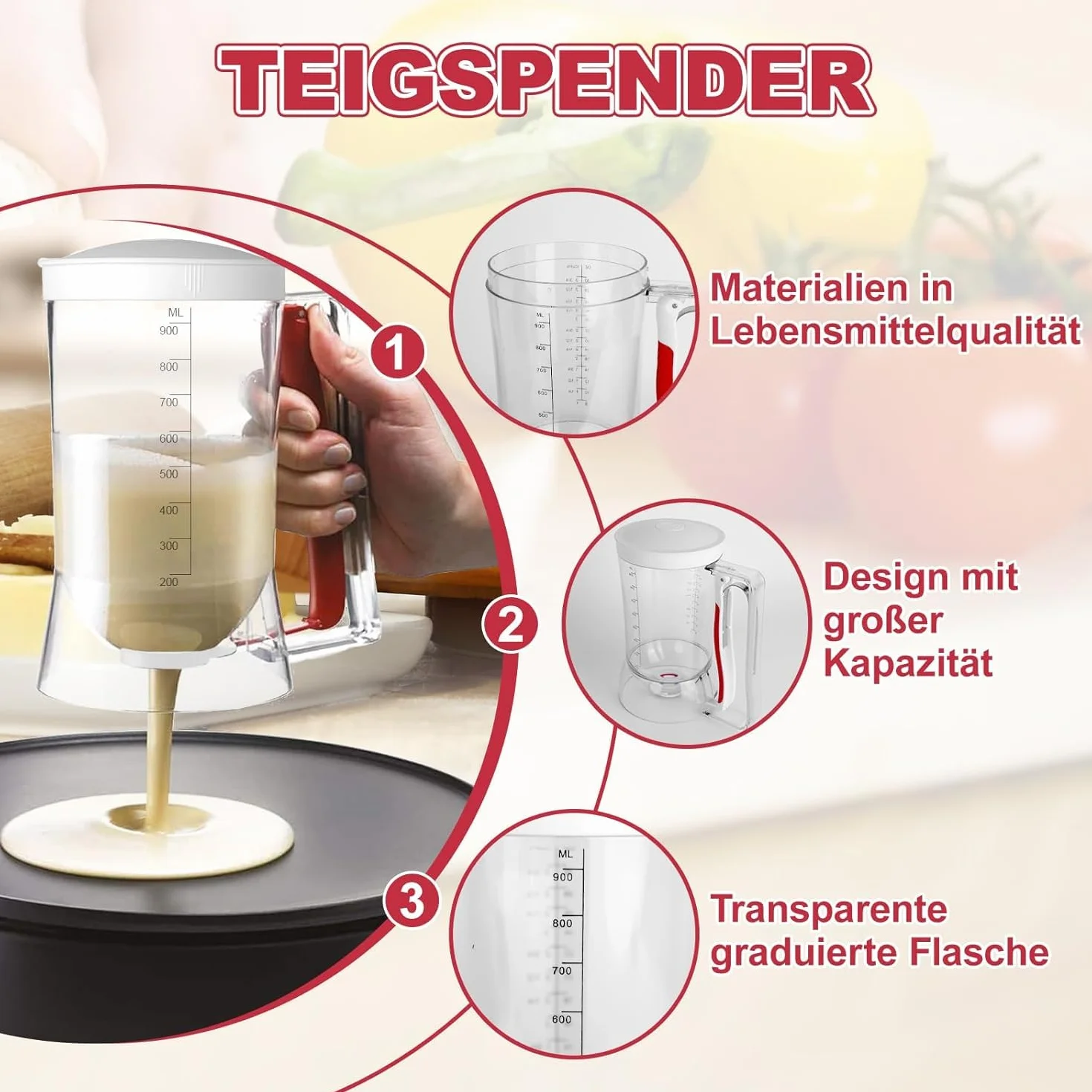 Dispensador de Masa 900ML Transparente con Escala para Muffins, Panqueques, Gofres
