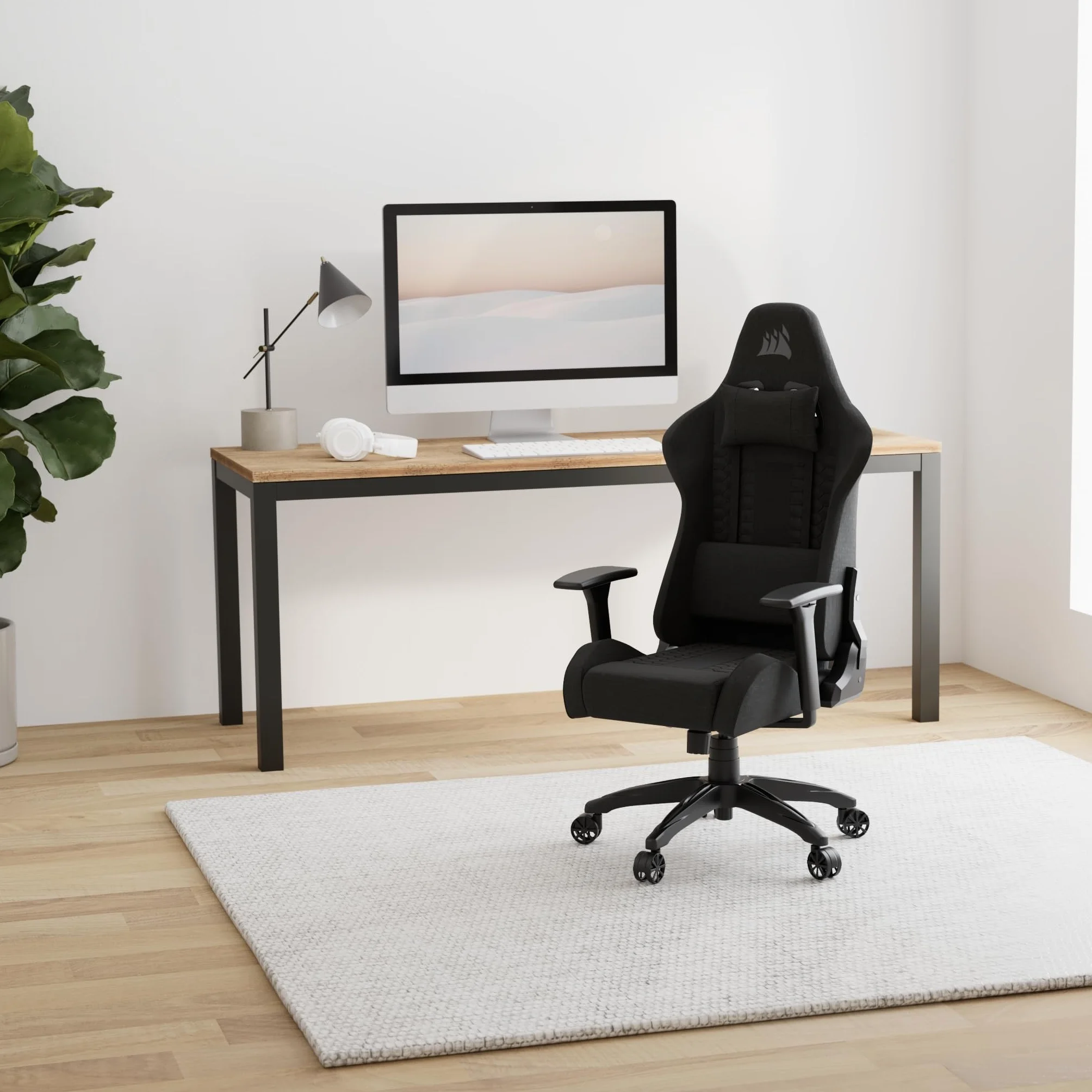 Corsair TC100 Relaxed Silla para Juegos - Negro | Fabric, Diseño Inspirado en Las Carreras, Cojín lumbar, Almohada Cervical Extraíble de Espuma Viscoelástica