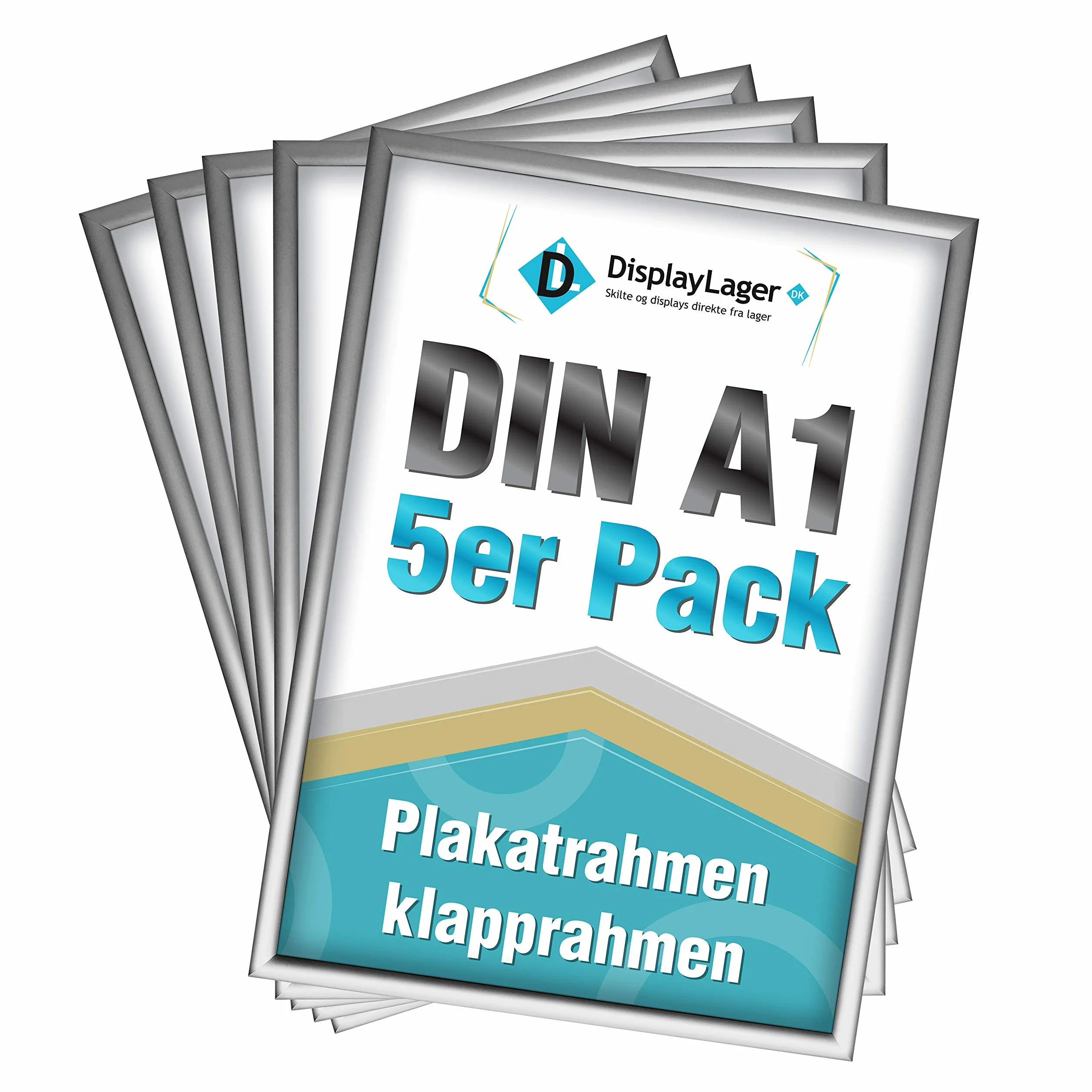 DisplayLager, Calidad danesa – Paquete ahorro de 5 unidades, marco plegable DIN A1 plateado con perfil de aluminio de 25 mm, disco protector antirreflectante, material de fijación