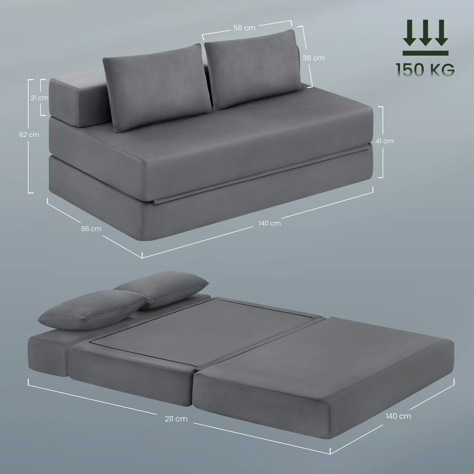 EUGAD Sofá Cama 2 Plazas con Cojines Mullidos, Puff Cama Plegable para 2-3 Personas, Sofa Plegable de Esponja de Densidad y Tejido de Pana, para Salón, Dormitorio, Lofts, Gris Oscuro