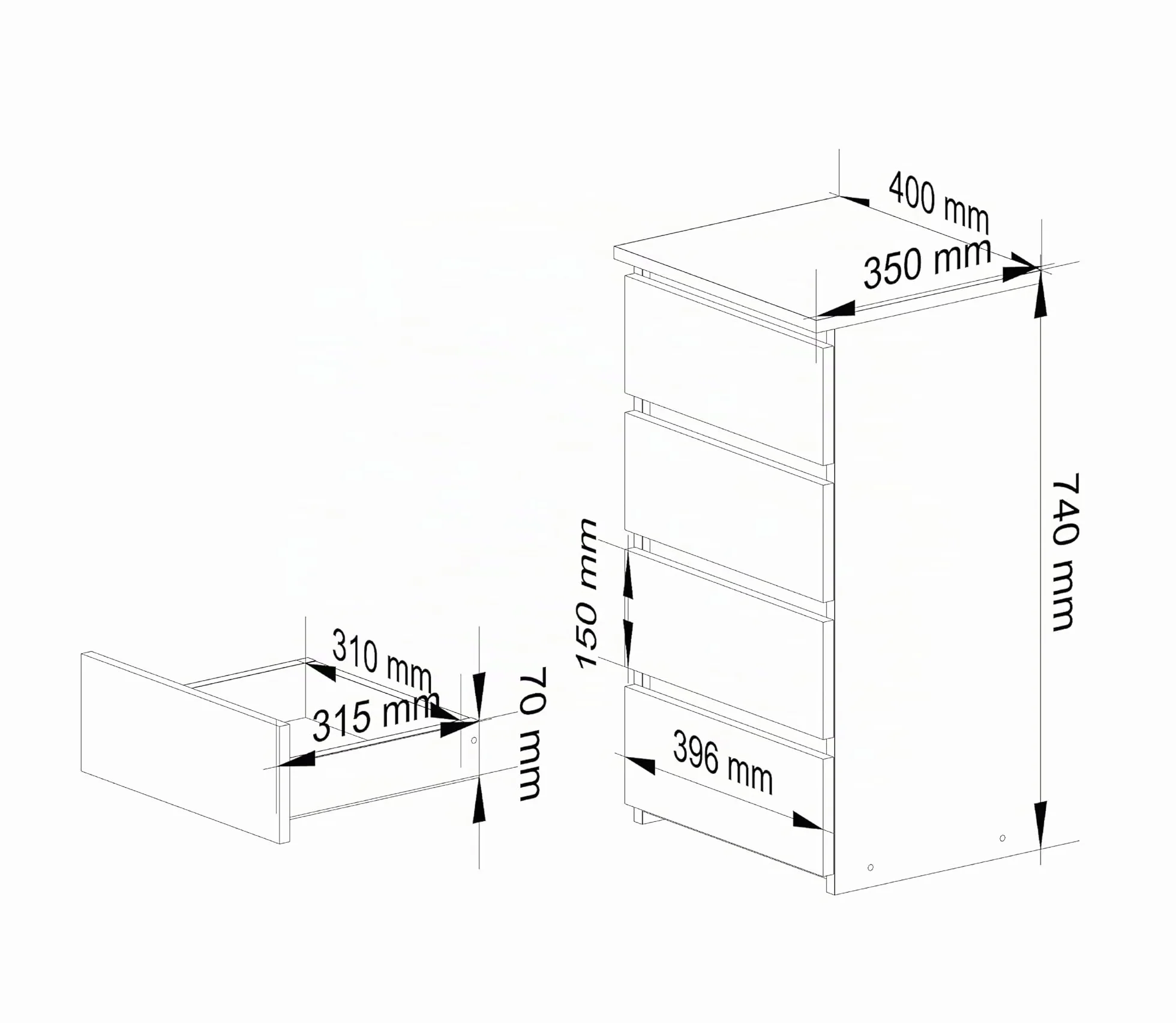 AKORD | Cajonero con 4 cajones | Cómoda Alta | Mueble Moderno para Sala de Estar, Comedor, Dormitorio, Entrada, baño | Armario Infantil | 35x40x74 cm | Roble Artisan